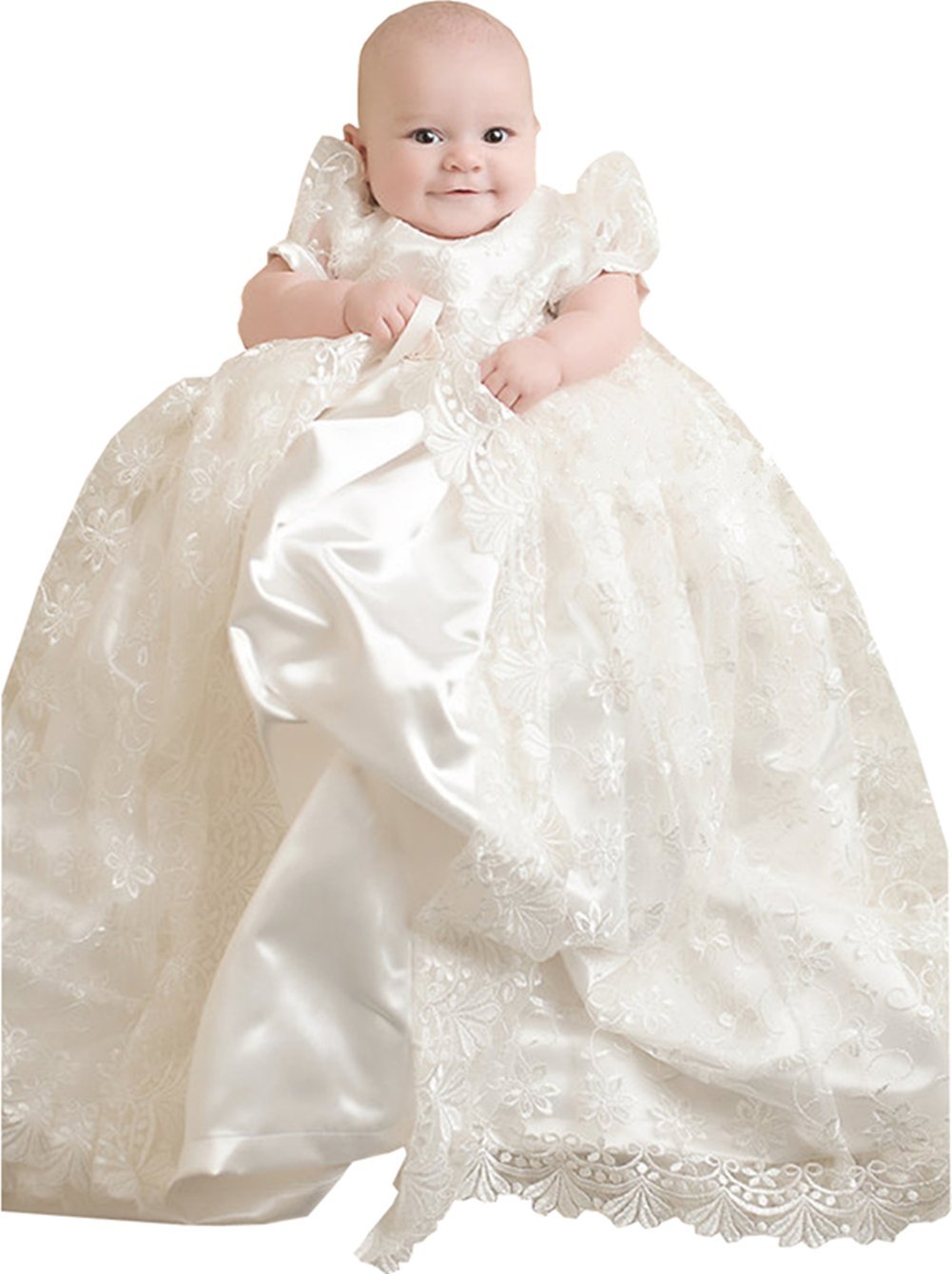 Newdeve White Lace Christening Gown for Baby Girls - Elegant Long Baptism Dress with Matching Bonnet - Perfect for Christenings, Baptisms, and Special Occasions