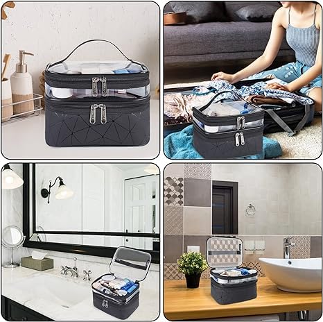 R RUNILEX Double Layer Large Clear Makeup Bag - Water-Resistant Travel Cosmetic Case & Toiletry Organizer for Women | Perfect for Camping, College, Gym & Daily Use (Black)
