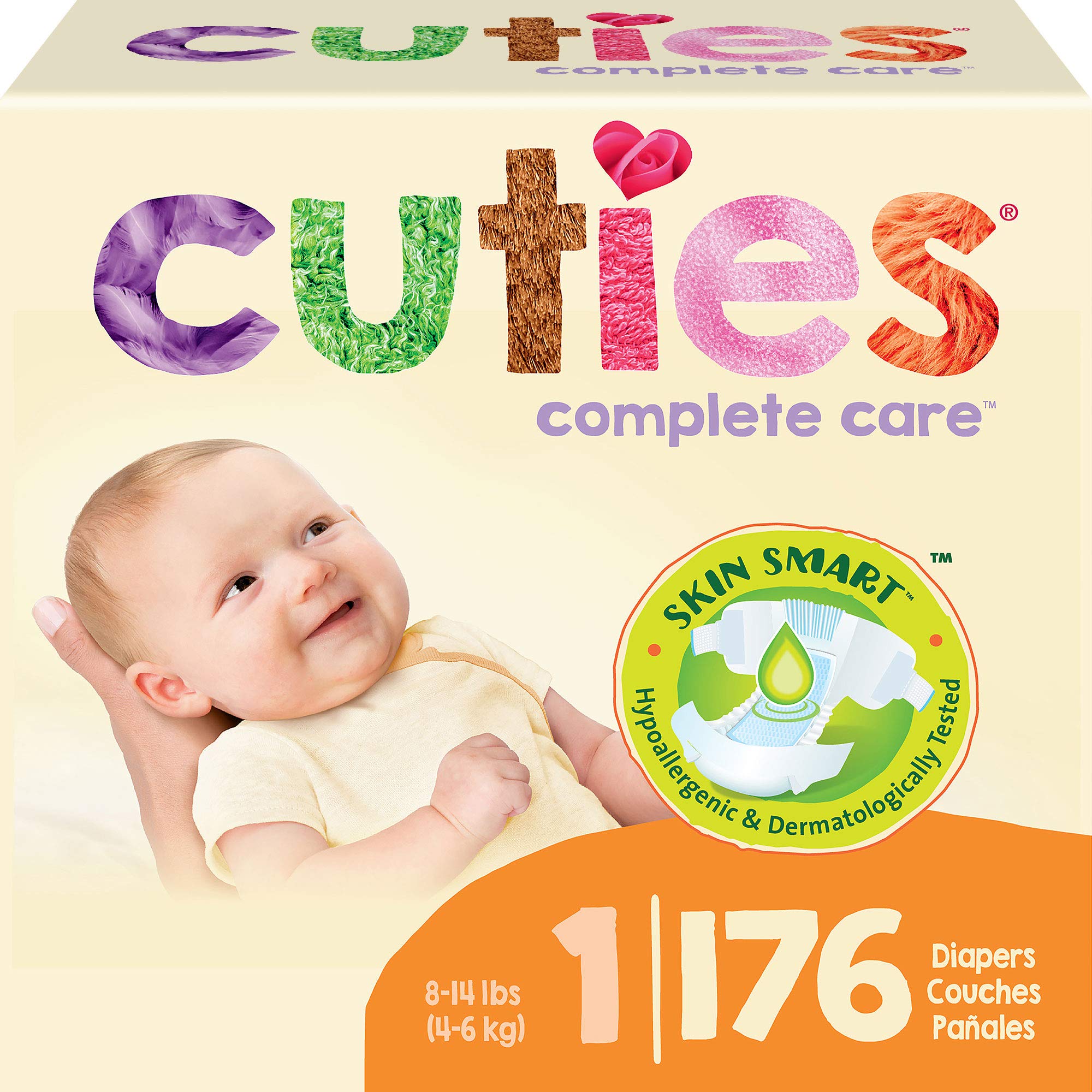 Cuties Skin Smart Hypoallergenic Diapers - Super Absorbent, Flexible Tabs, Size 1 (176 Count) - Perfect for Newborns & Sensitive Skin | Daycare & Overnight Protection