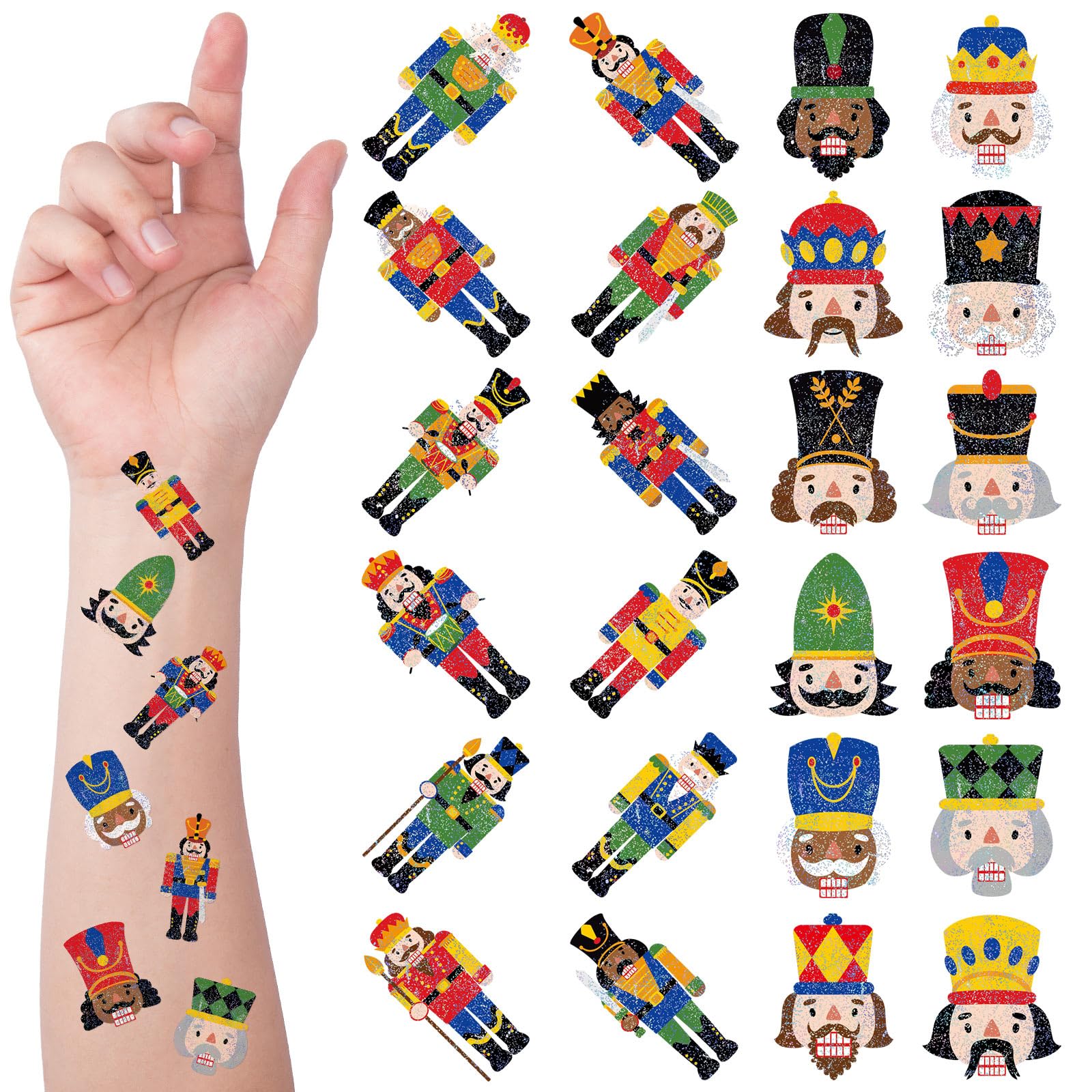 240 Pcs Christmas Nutcracker Glitter Temporary Tattoos - Festive Nutcracker Soldier Stickers for Kids, Women | Perfect for Holiday Parties, Face & Body Art, Christmas Costume Accessories