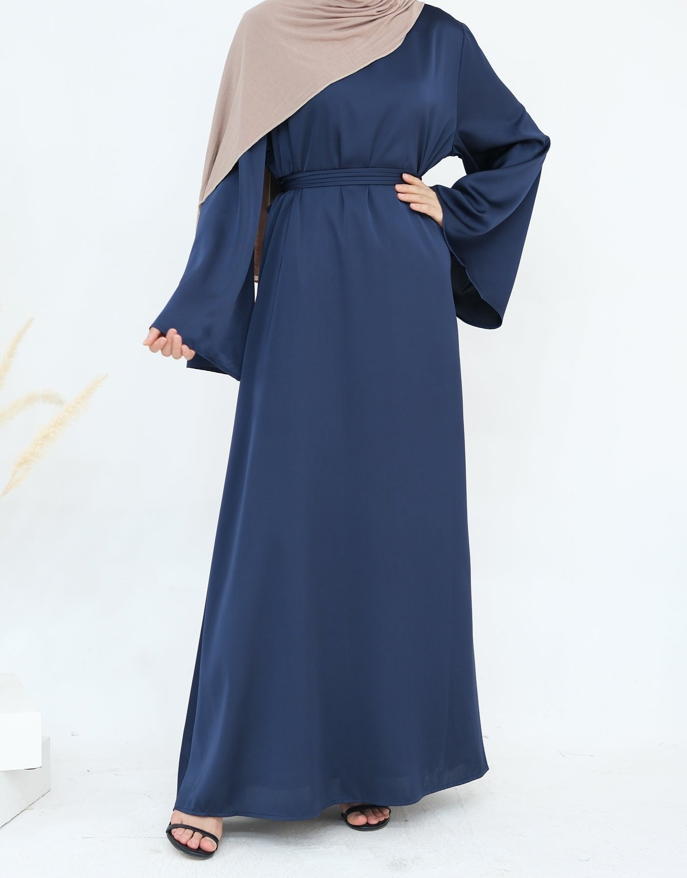 Elegant Calista Trumpet Sleeves Satin Dress in Denim Blue - Perfect for Weddings, Parties & Special Occasions