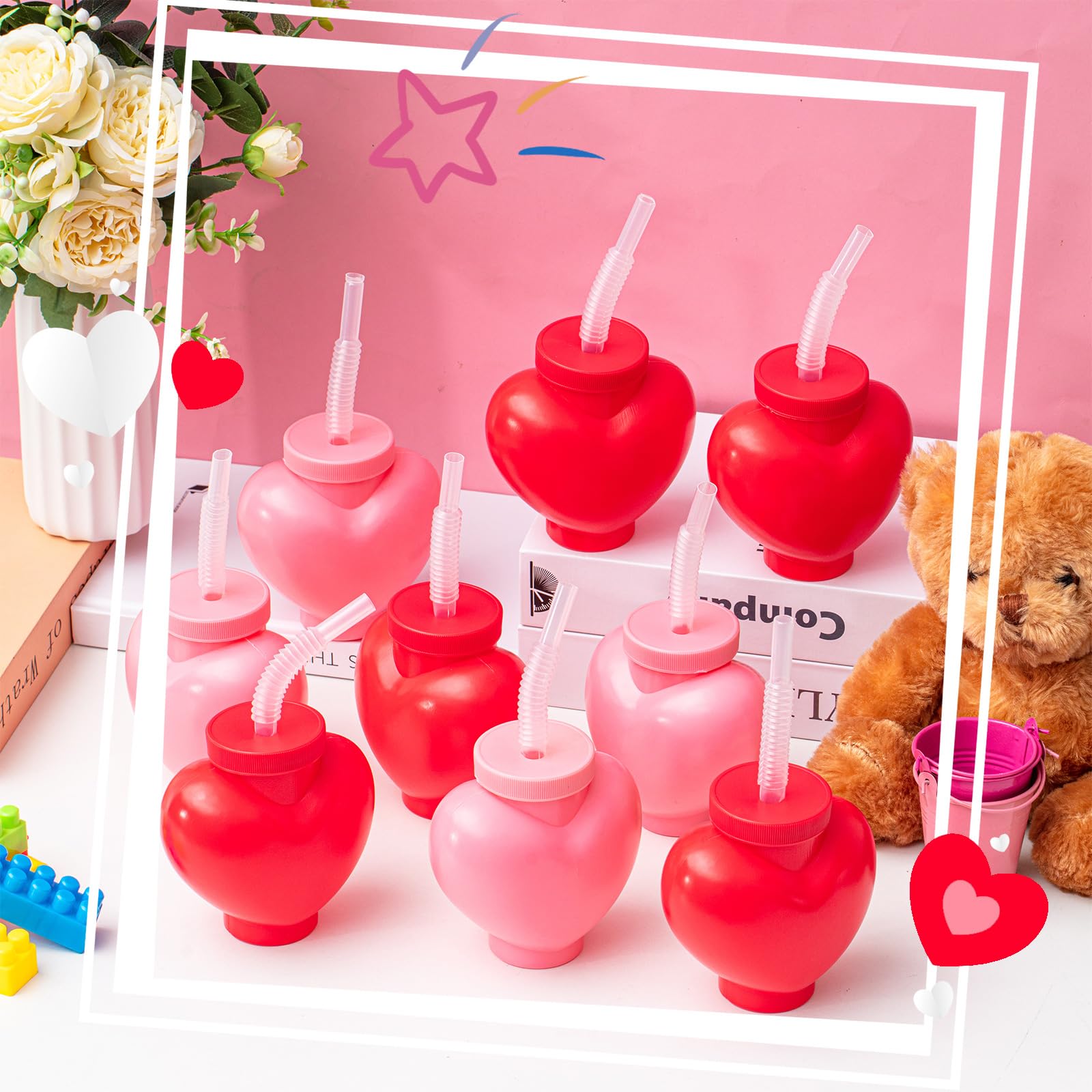 12 Pack Valentine's Day Heart Shaped Plastic Cups with Lids & Straws - 12 oz Romantic Party Cups for Kids Birthday, School Classroom Prizes, Wedding Favors - Perfect for Valentine's Parties, Bridal Showers & Gift Exchanges
