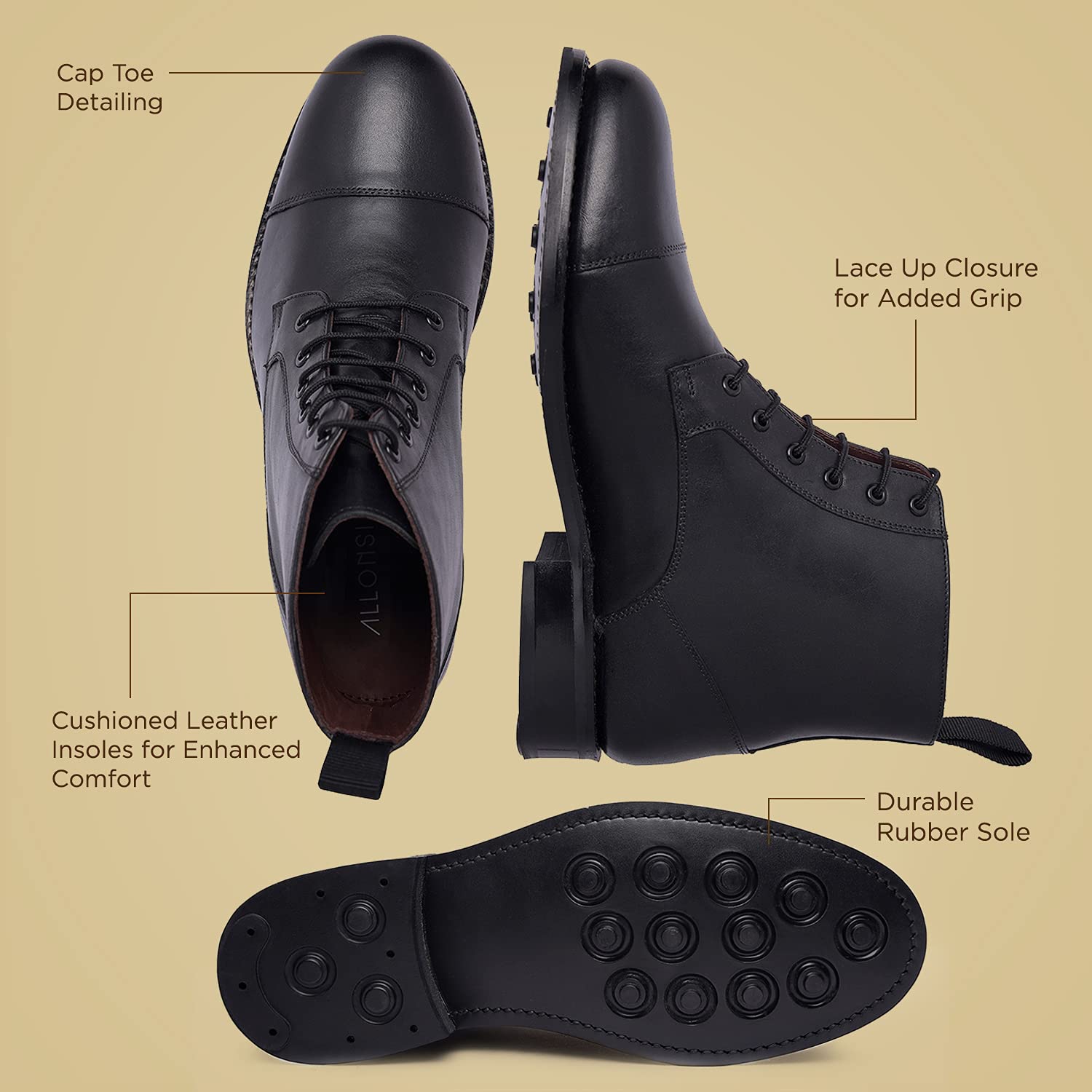 Allonsi Welton Men's Genuine Leather Combat Boots - Goodyear Welted Dress Boots with Comfortable Rubber Sole - Handcrafted Luxury Leather Shoes for Casual Wear & Outdoor Activities