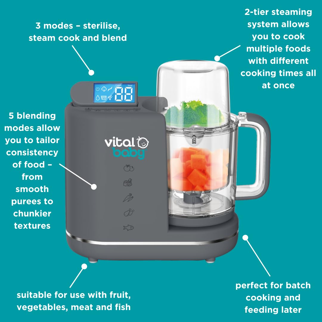 Vital Baby NOURISH Prep & Wean™ - 3-in-1 Baby Food Maker with Steamer, Blender & Sterilizer - 2-Tier Cooking System for Fruits, Vegetables, Meat & Fish - 5 Blending Modes - Perfect for Homemade Baby Food Prep & Weaning Transition - Ideal for Busy Parents & Healthy Infant Nutrition