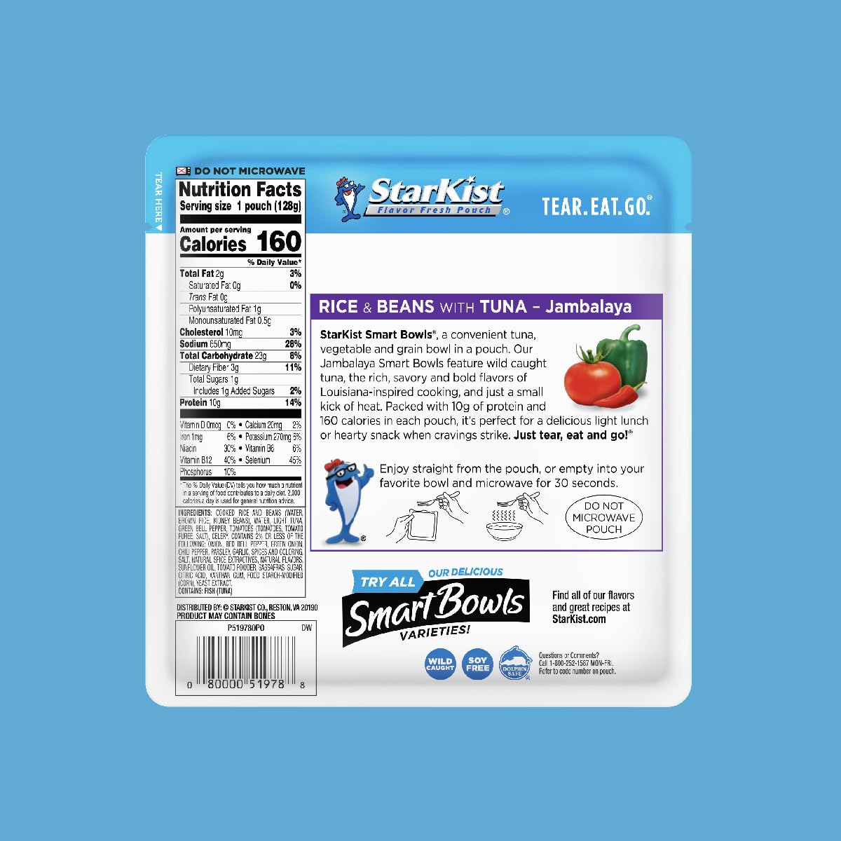 StarKist Smart Bowls Tuna with Rice and Beans in Jambalaya Flavor - 4.5 oz Pouch (Pack of 12) | High Protein Ready-to-Eat Meal for Camping, Office Lunch & Emergency Food Supply