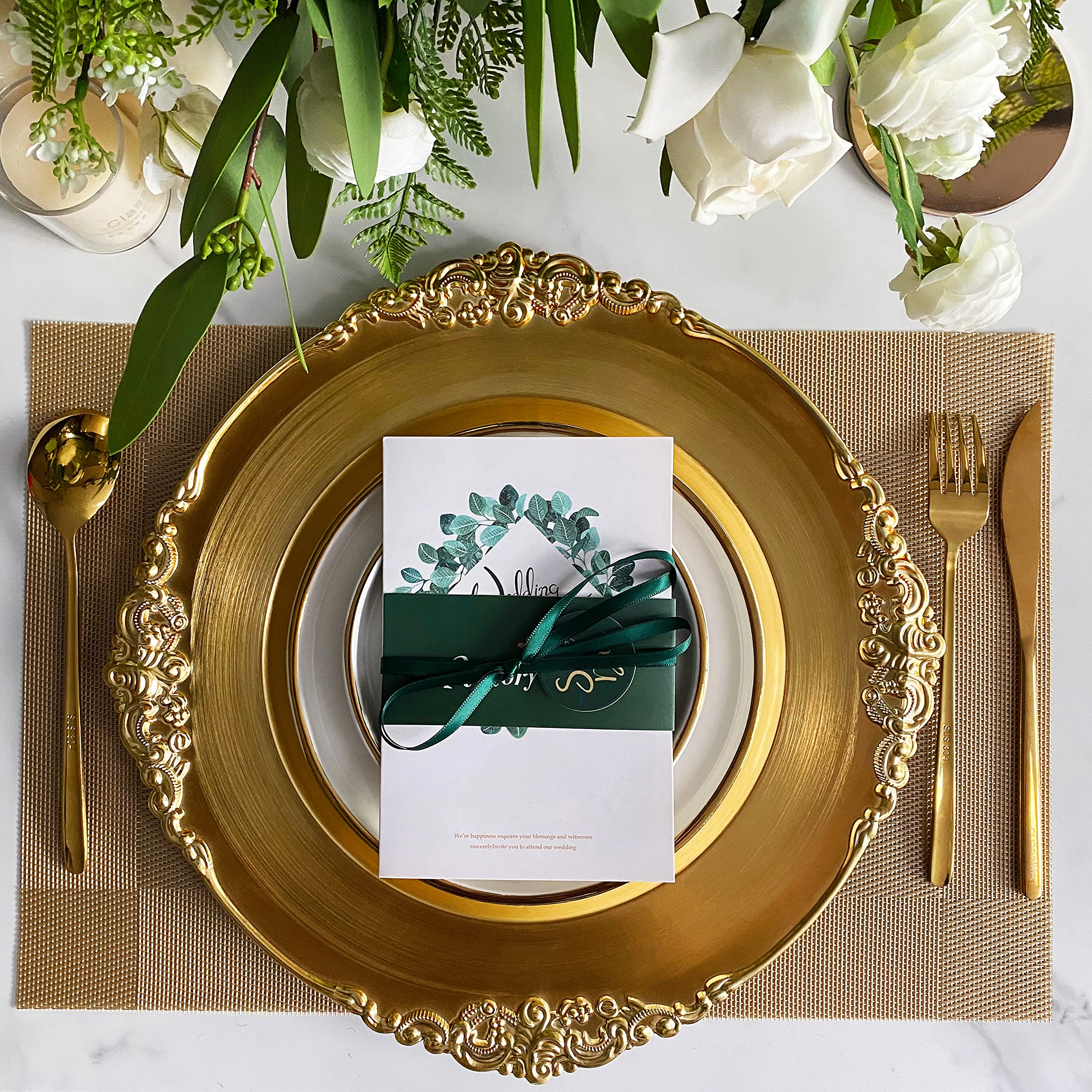 Henilosson 6-Piece Antique Gold Charger Plates Set - Elegant Decorative Dinner Plate Chargers for Weddings, Parties & Formal Dining - 12-Inch Round Gold Charger Plates