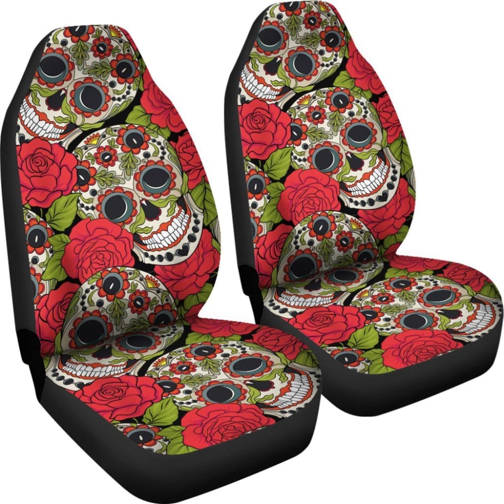 2 Pcs Rose Floral Sugar Skull Car Seat Covers - Soft & Stylish Protection for Front Seats - Perfect for Halloween, Dia de Los Muertos, and Gothic Car Decor