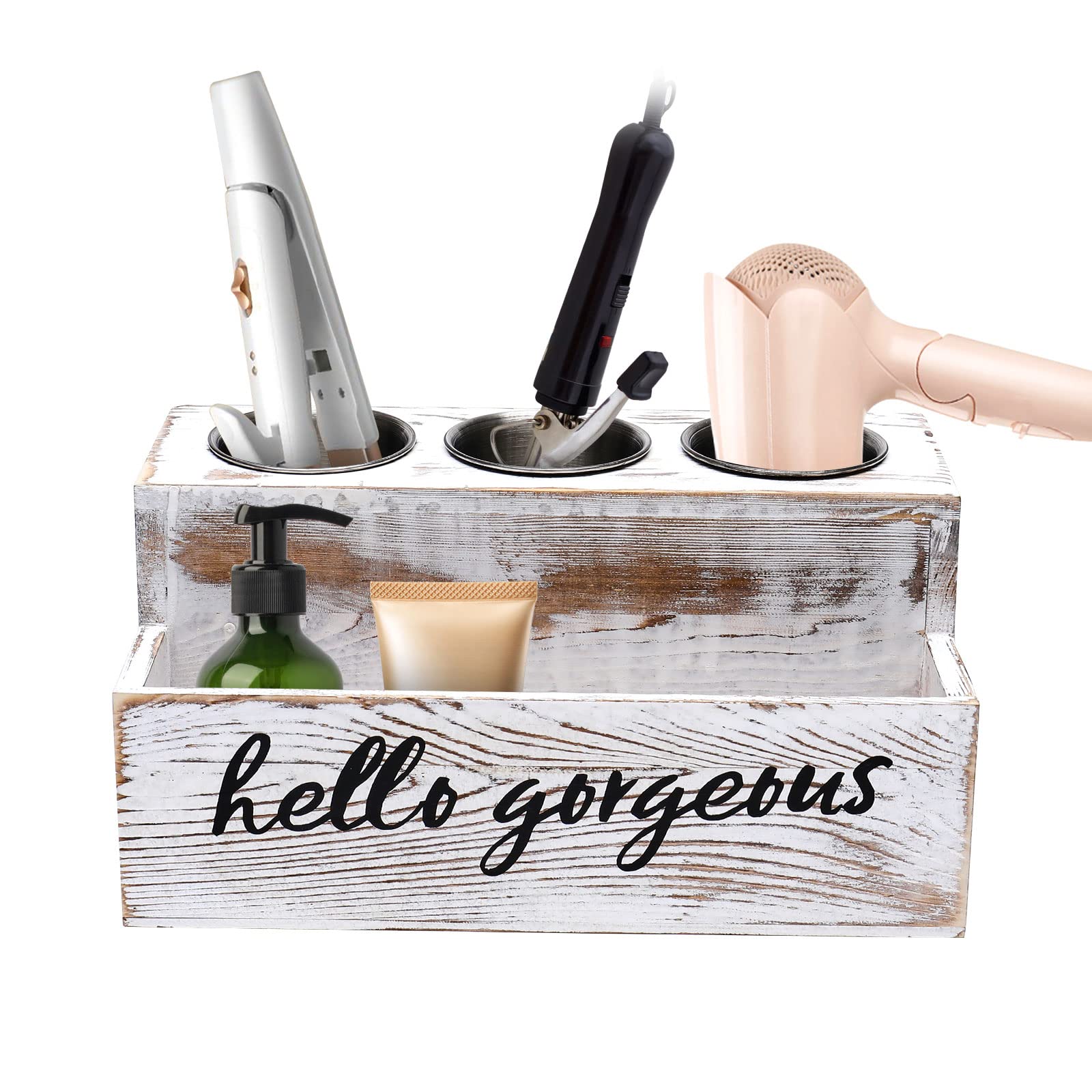 Rustic Wood Hair Dryer Holder with 3 Metal Cup Slots - Bathroom Countertop & Vanity Organizer for Hair Tools, Blow Dryer, Cosmetics - Perfect for Small Spaces, Drawer Storage & Clutter-Free Bathroom Organization