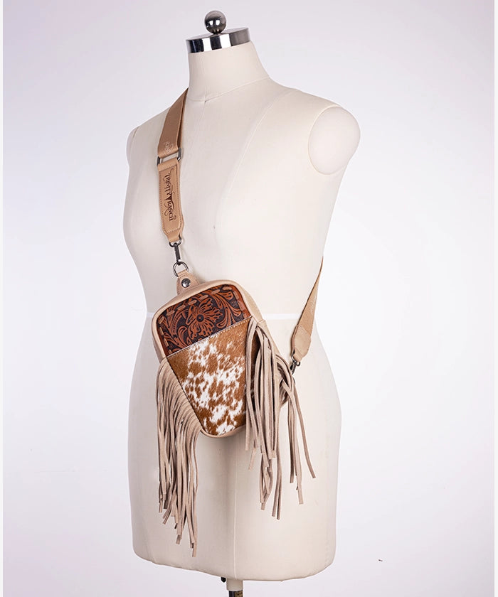 Genuine Hair-On Cowhide Fringe Sling Bag - Hand-Tooled Leather Crossbody Purse for Women | Western Boho Fashion Accessory | Perfect for Concerts, Festivals & Everyday Use