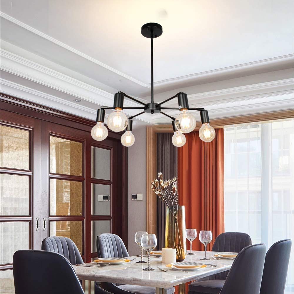 Farmhouse Chandelier 6-Light Black Industrial Ceiling Light - Semi-Recessed Wall Mounted Fixture for Dining Room, Bedroom & Hotel Decor - Modern Rustic Lighting for Home & Commercial Spaces