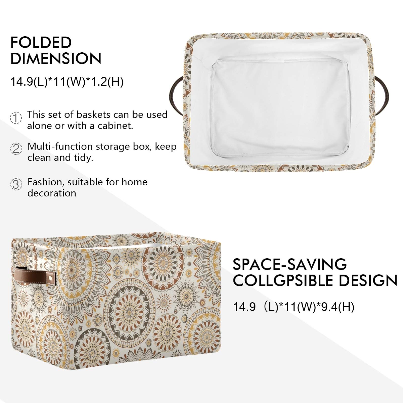 Large Foldable Storage Bins - Eastern Mandala Fabric Collapsible Organizing Baskets with PU Handles (2-Pack) | Perfect for Shelves, Closet, Bedroom & Living Room Organization