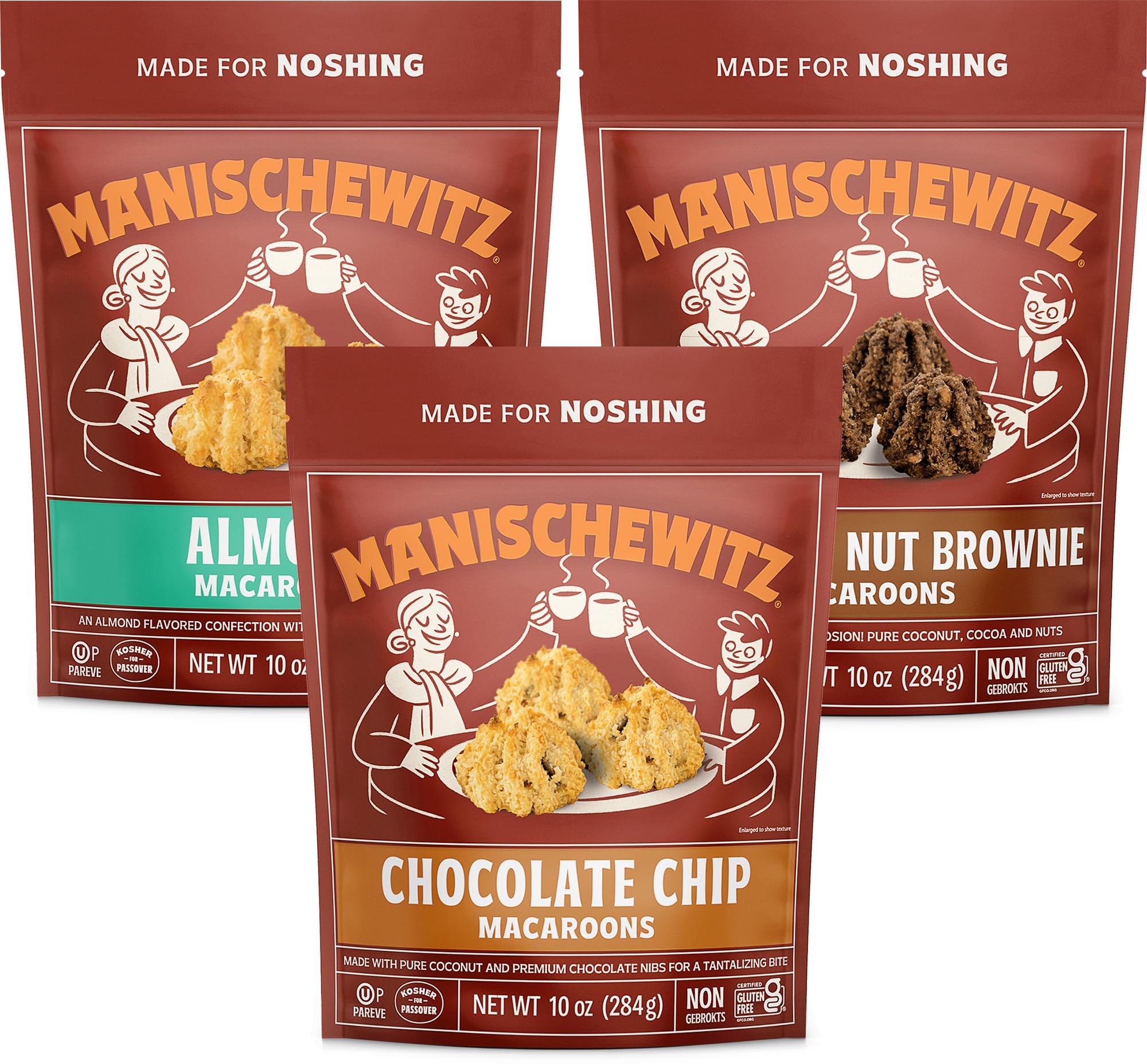 Manischewitz Gluten Free Macaroons 10oz (3 Pack Variety) - Almond, Chocolate Chip & Chocolate Nut Brownie Flavors | Lactose Free, Vegetarian, Dairy Free, Kosher Certified for Passover | Perfect for Holiday Gifts, Dessert Platters & Snacking