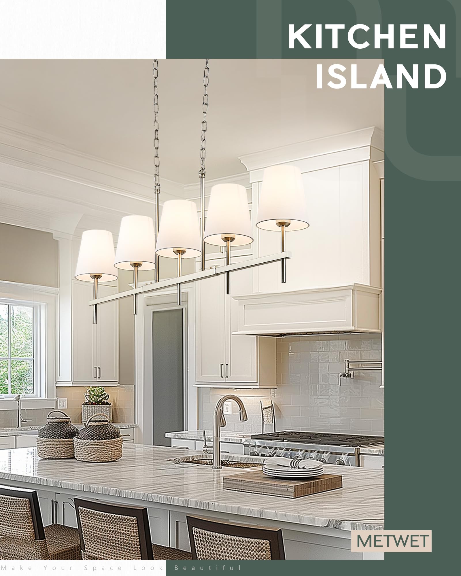 5-Light Brushed Nickel Kitchen Island Pendant Light with White Fabric Shade - 46