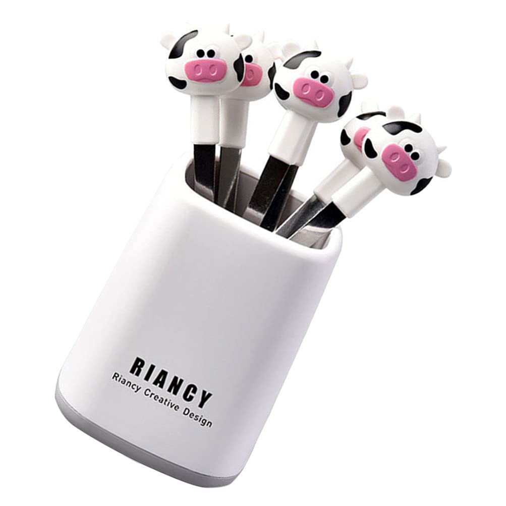 YARNOW 1 Set Cartoon Fruit Forks - Stainless Steel Dessert Forks with Ceramic Holder for Cake, Fruit, Cocktail & Appetizers - Cute White Utensils for Parties, Picnics & Tea Time