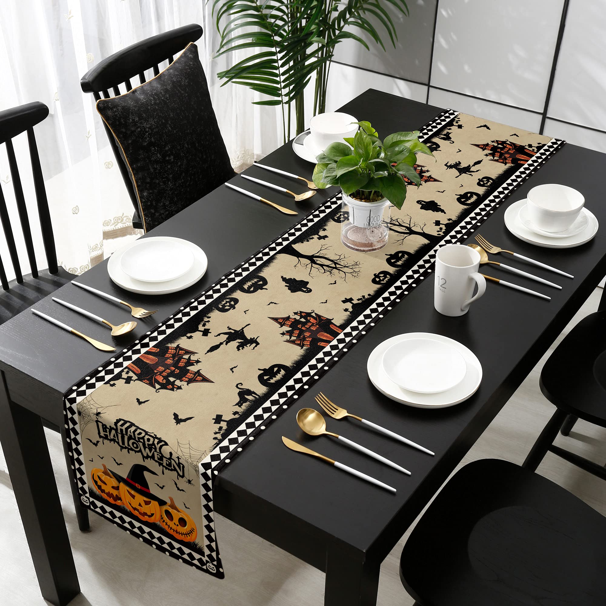 108 Inch Halloween Table Runner - Haunted House Pumpkin Design, Taupe Checkered Kitchen Dining Decor for Coffee Table, Holiday Party & Banquet | Perfect for Halloween Parties, Thanksgiving Dinners & Fall Home Decor