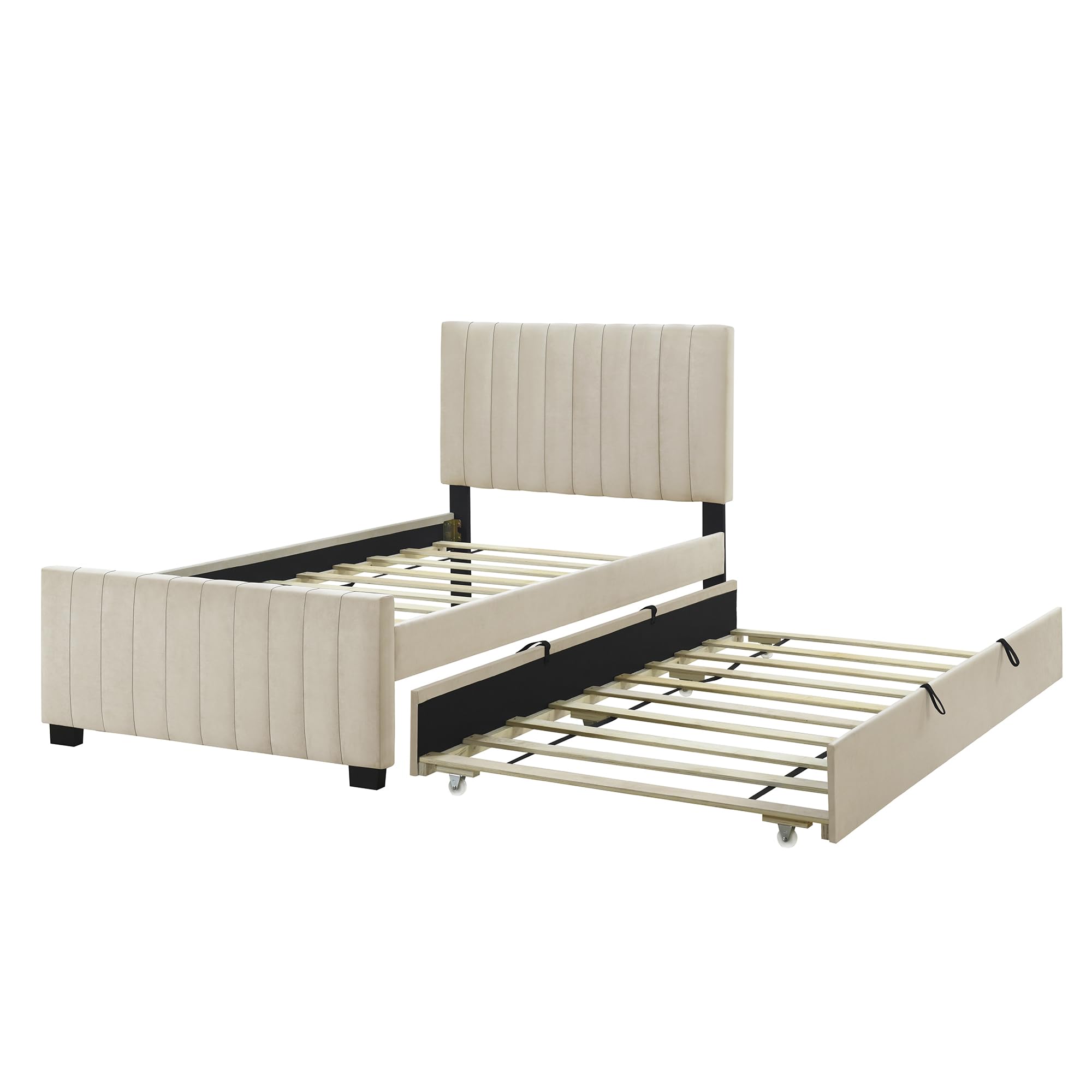 SOFTSEA Twin Upholstered Platform Bed with Trundle - Tufted Velvet Headboard for Kids, Teens & Adults - No Box Spring Needed - Beige Bedroom Furniture for Small Spaces & Guest Rooms