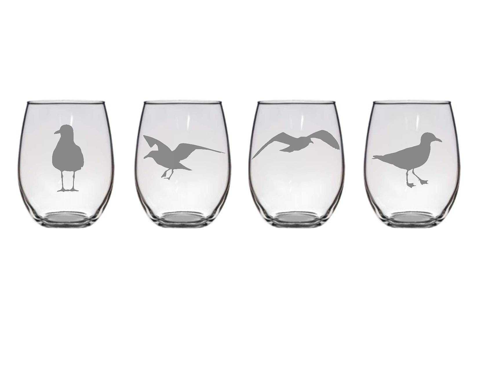 Set of 4 Etched Seagull Stemless Wine Glasses - Handcrafted Coastal-Themed Drinking Glasses for White Wine, Cocktails & Beach House Decor