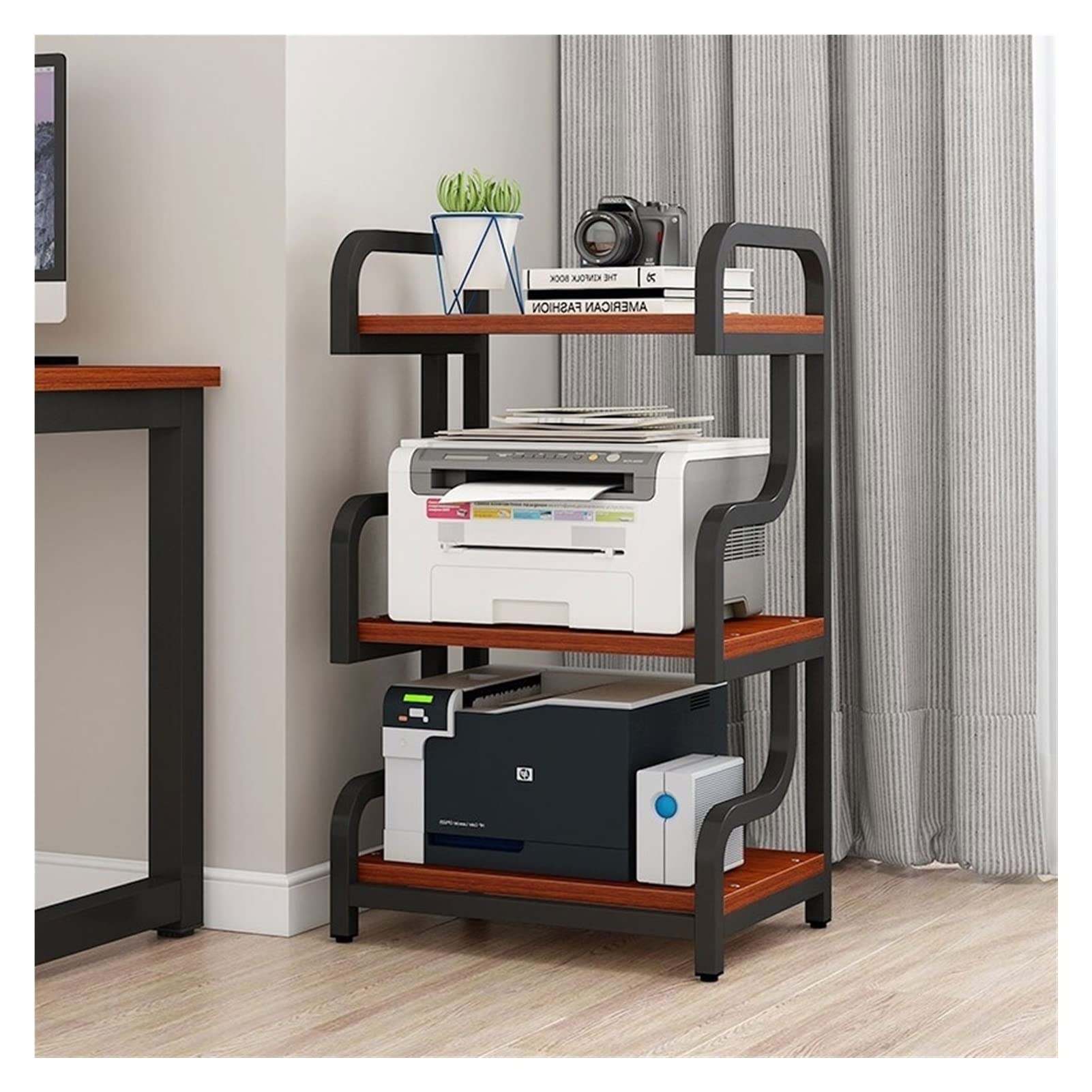 Heavy-Duty 3-Tier Printer Stand with File Organizer - Floor-to-Ceiling Office Storage Shelf for Copier, Home & Office Supplies - Space-Saving Corner Solution (Color: Espresso) - Perfect for Small Office Organization & Home Workspace Storage