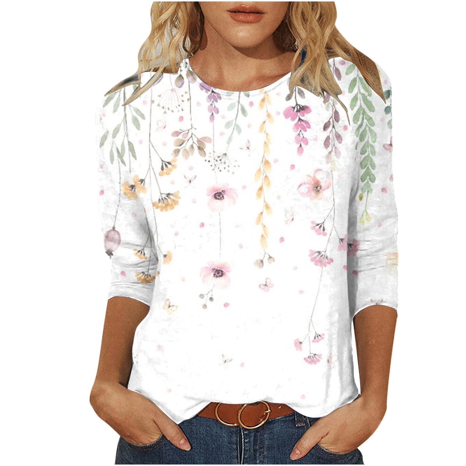 Women's 3/4 Sleeve Bohemian Floral Print Summer Tops - Casual Crewneck Blouses for Work, Date Night & Vacation | Lightweight Breathable Shirts