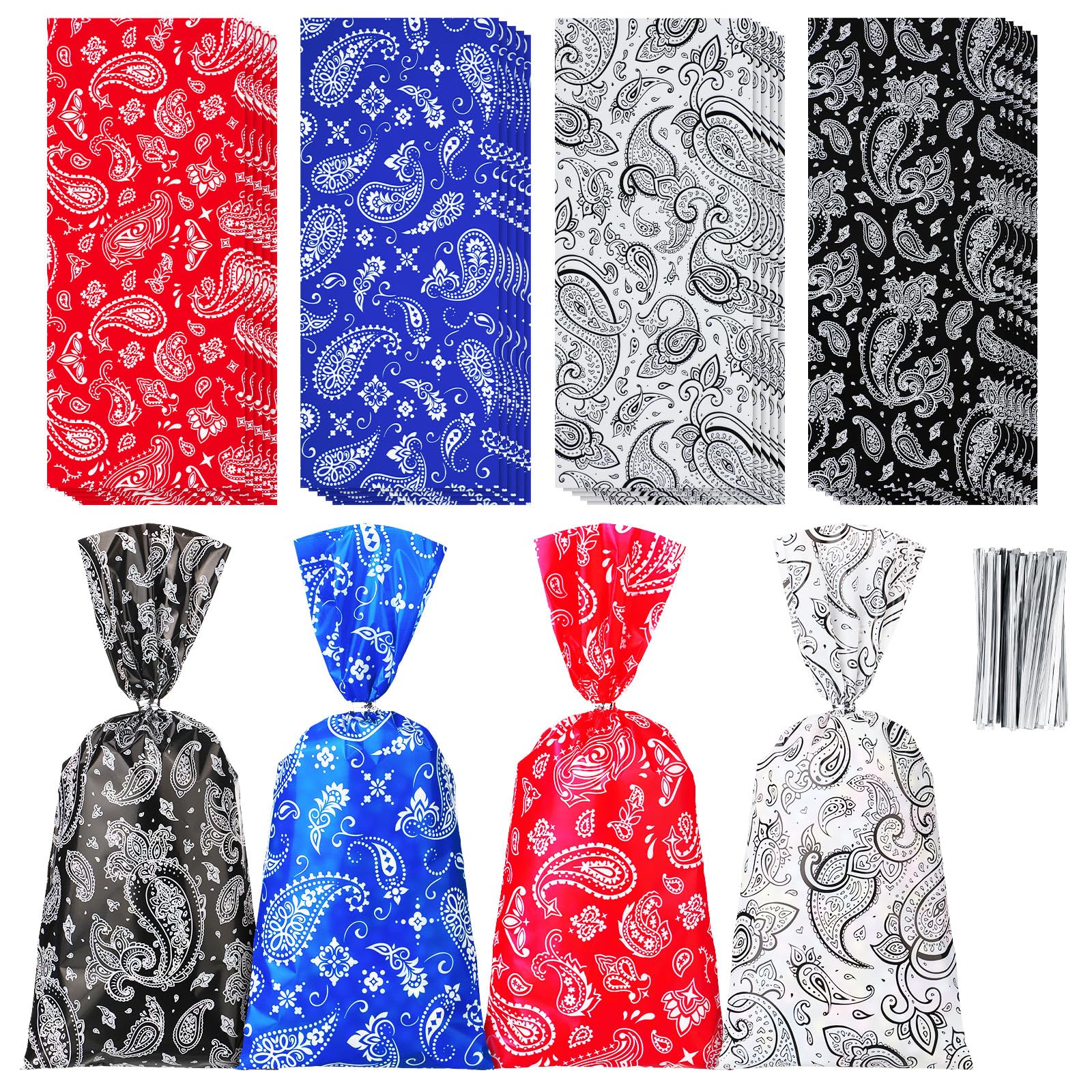 Yeaqee 100 Pcs Western Cowboy Goodie Bags with Bandana Print & Ties - Rodeo Party Treat Bags for Candy, Gifts & Decorations | Perfect for Western Themed Birthday Parties, Rodeo Events & Cowboy Celebrations