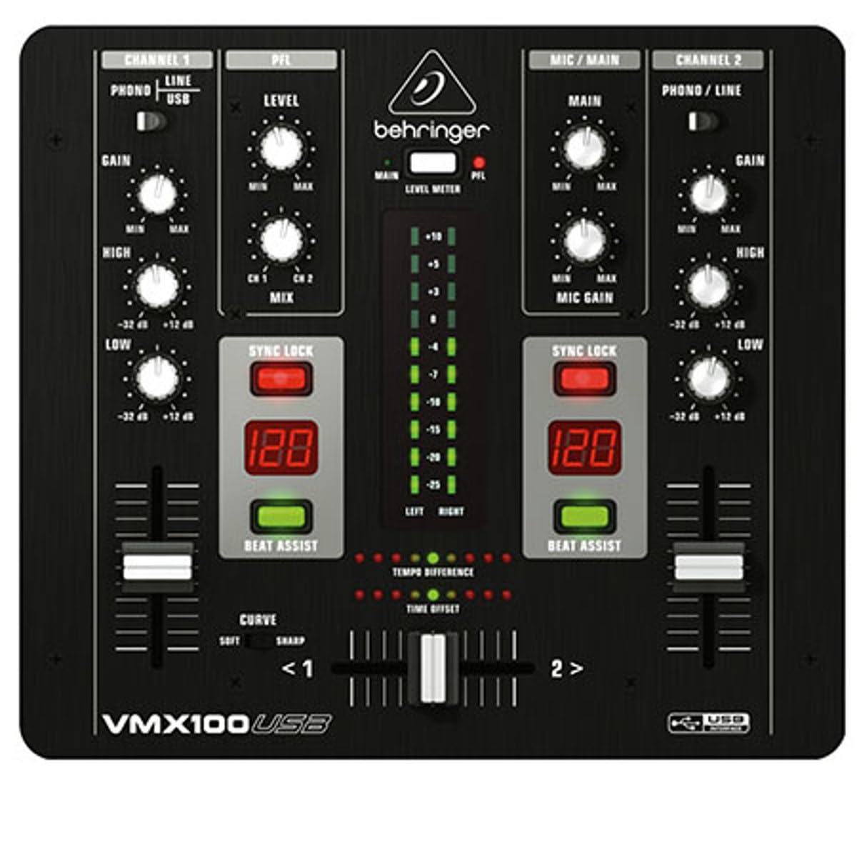 Behringer Pro Mixer VMX100USB 2-Channel DJ Mixer with USB Audio Interface - Professional DJ Equipment for Live Performances & Music Production