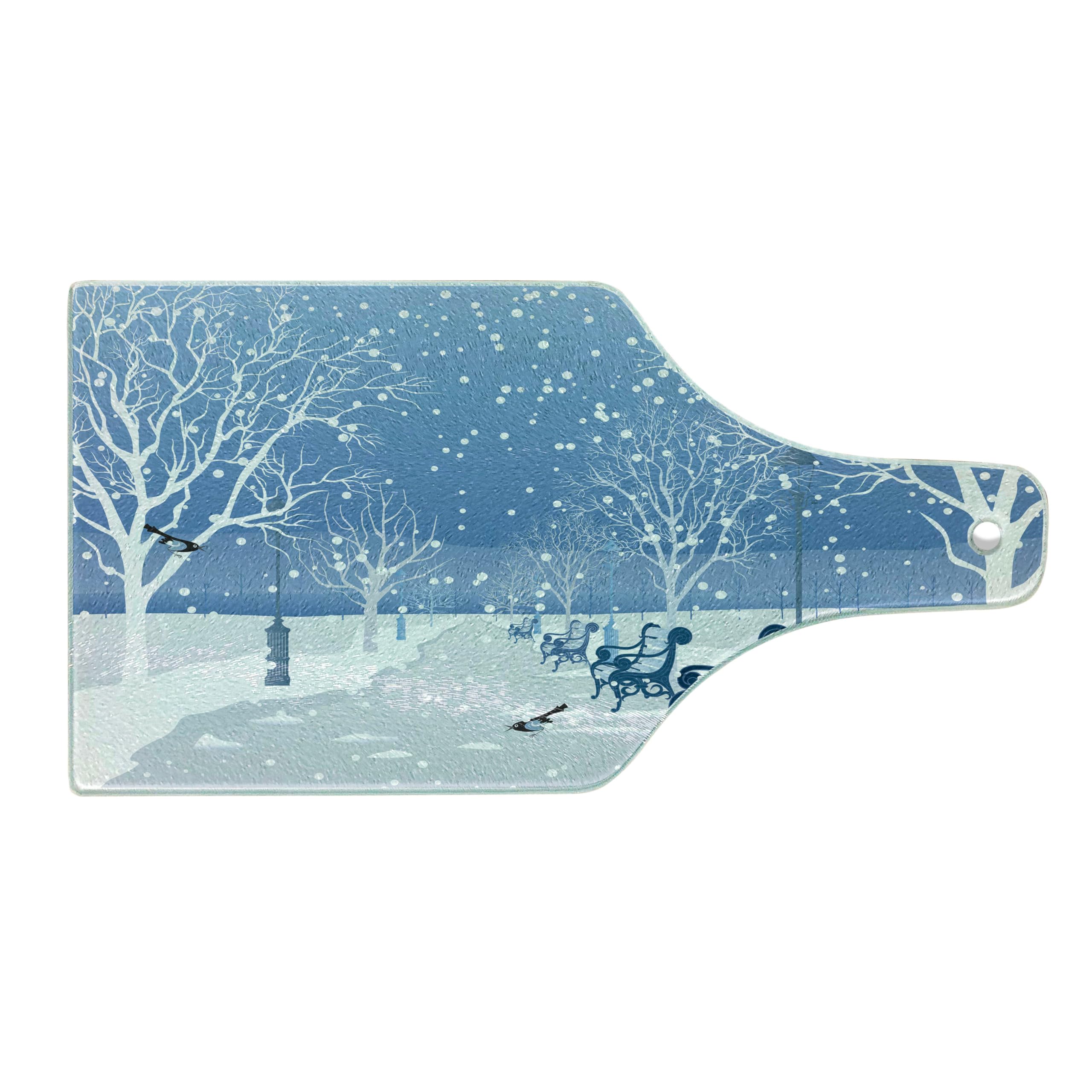 Snowy City Park Road Tempered Glass Cutting Board - Christmas-Themed Wine Bottle Shape Serving Board for Cheese, Charcuterie & Holiday Entertaining | Blue & White Decorative Kitchen Gift