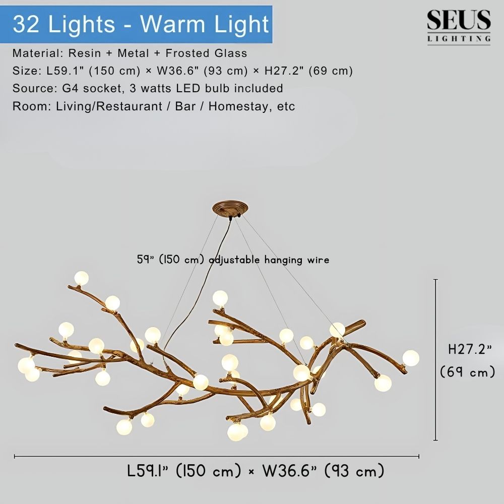Rustic Branch Chandelier with Frosted & Clear Glass Balls - Farmhouse Ceiling Light Fixture for Dining Room, Bedroom or Living Room Decor