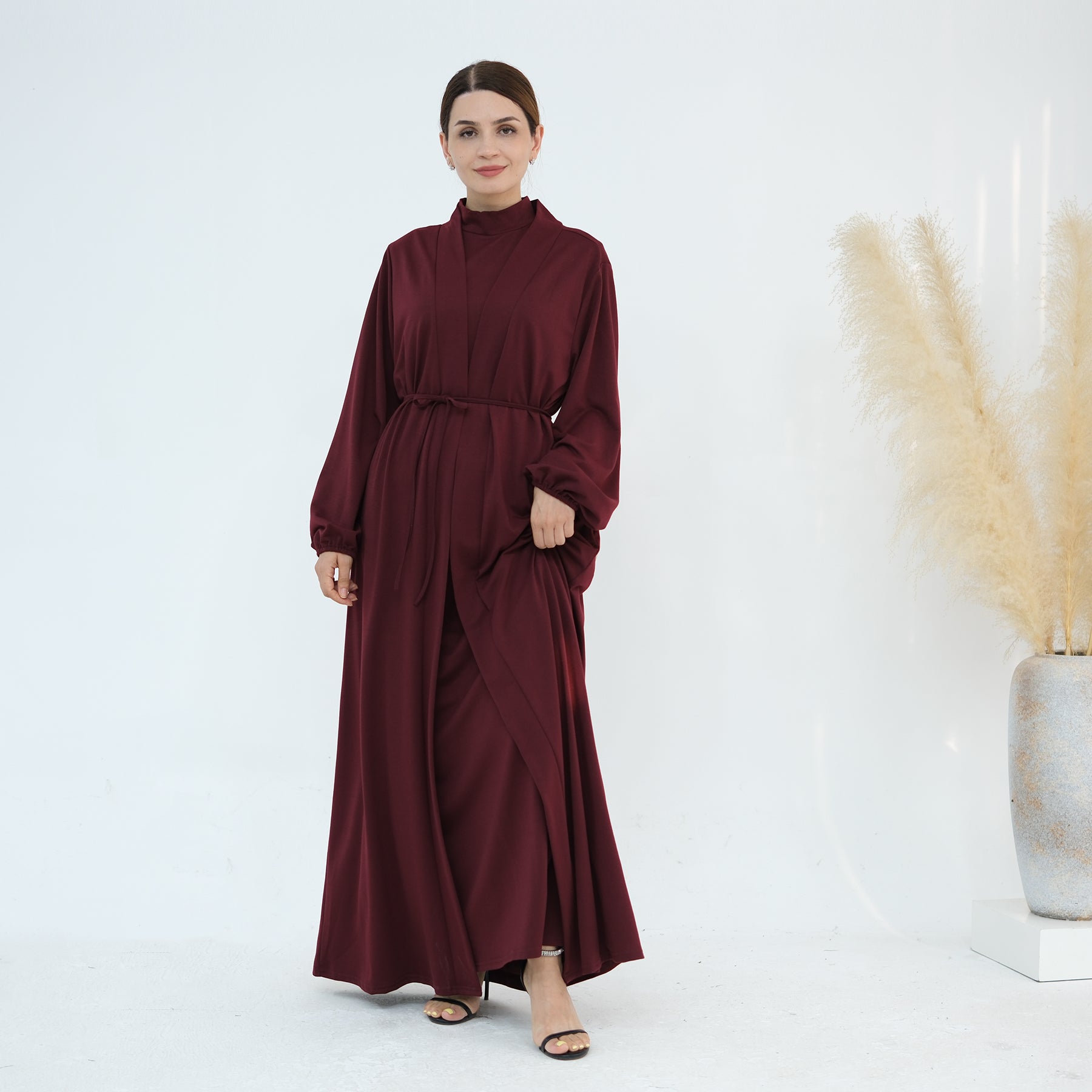 Jojo 3-Piece Modal Abaya Set in Wine Red - Premium Muslim Prayer Dress for Women, Comfortable & Breathable Islamic Clothing for Prayer, Mosque, Eid, and Special Occasions