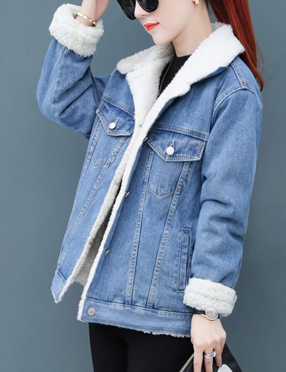 HaoMay Women's Sherpa Lined Winter Denim Jacket - Loose Fit Thick Warm Coat for Casual Outfits & Cold Weather Outerwear | Perfect for Daily Wear, Street Style & Winter Activities