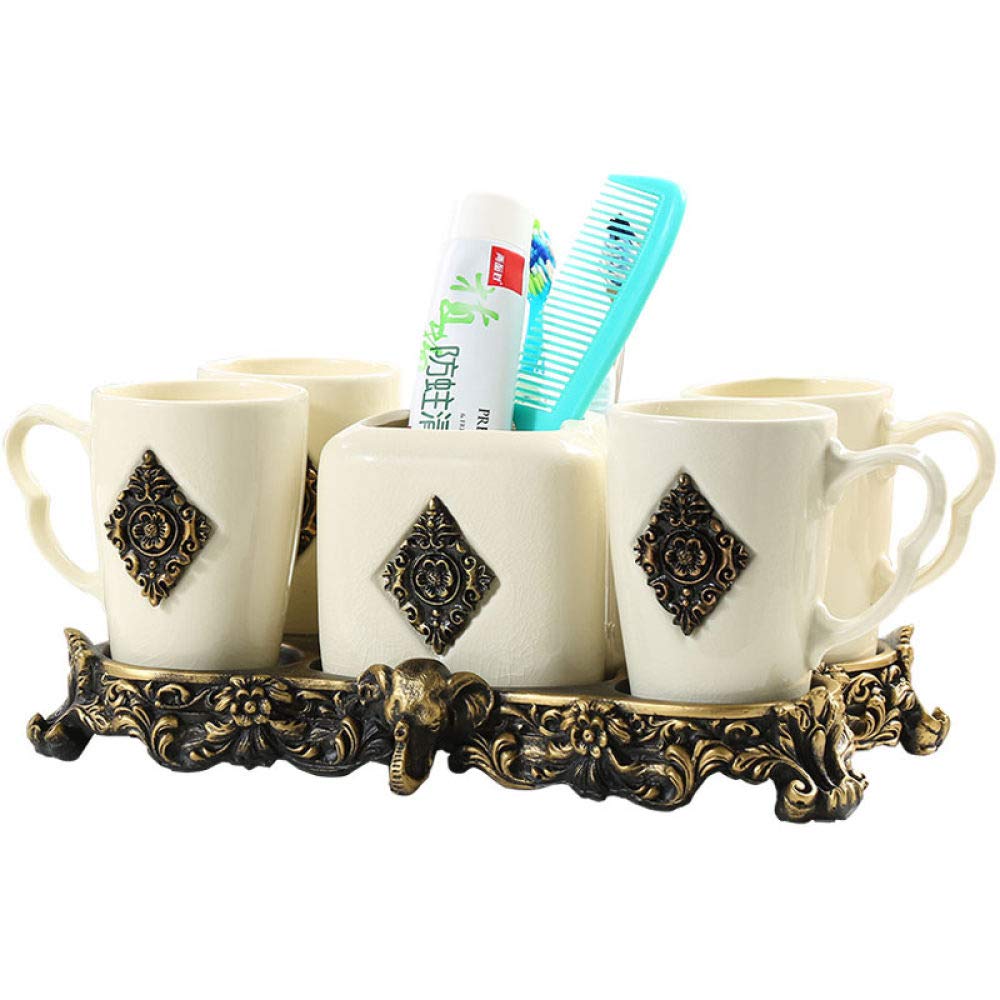 Vintage Ceramic Bathroom Accessories Set - 6 Piece Beige Ice Crack Mosaic Flower Decor with Vanity Tray, 4 Washing Cups & Toothbrush Holder | Elegant Home & Hotel Vanity Counter Decor | Perfect for Bathroom Organization & Stylish Décor