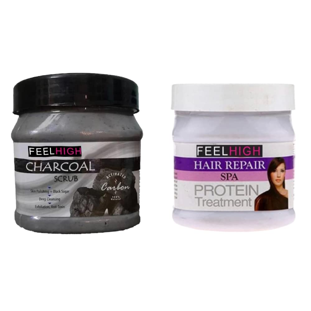 Feelhigh Activated Charcoal Face & Body Scrub + Hair Spa Cream Set | Deep Cleansing & Detoxifying Skincare Duo for Acne, Blackheads & Scalp Care | Perfect for Spa Day & Self-Care Routine