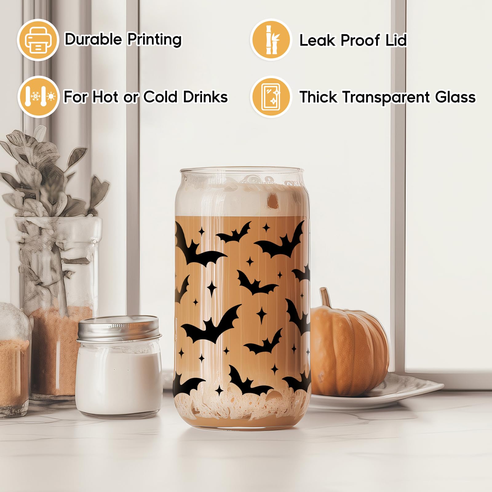 Halloween Bat Tumbler - 16 oz Gothic Glass Cup for Iced Coffee, Spooky Gift for Bat Lovers & Goth Girls - Perfect for Halloween Parties, Boo Baskets, and Gothic Home Decor