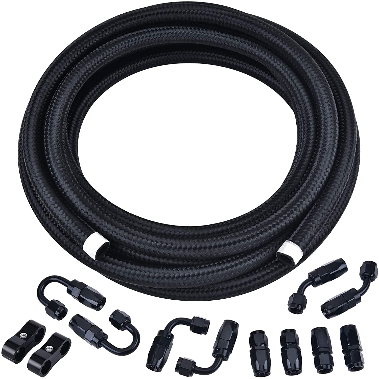 10AN Fuel Line Hose Fitting Kit - Braided Nylon Stainless Steel Oil & Gas Hose (20FT Black, 0.34inch ID) with 10AN Fittings - Perfect for Automotive Fuel Systems, Racing, Marine & Industrial Applications