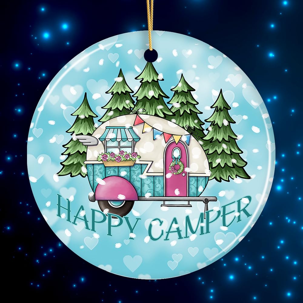Happy Camper Winter RV Christmas Ornament - Travel Themed Holiday Decor for Tree & Gifts | Perfect for RV Enthusiasts & Outdoor Lovers