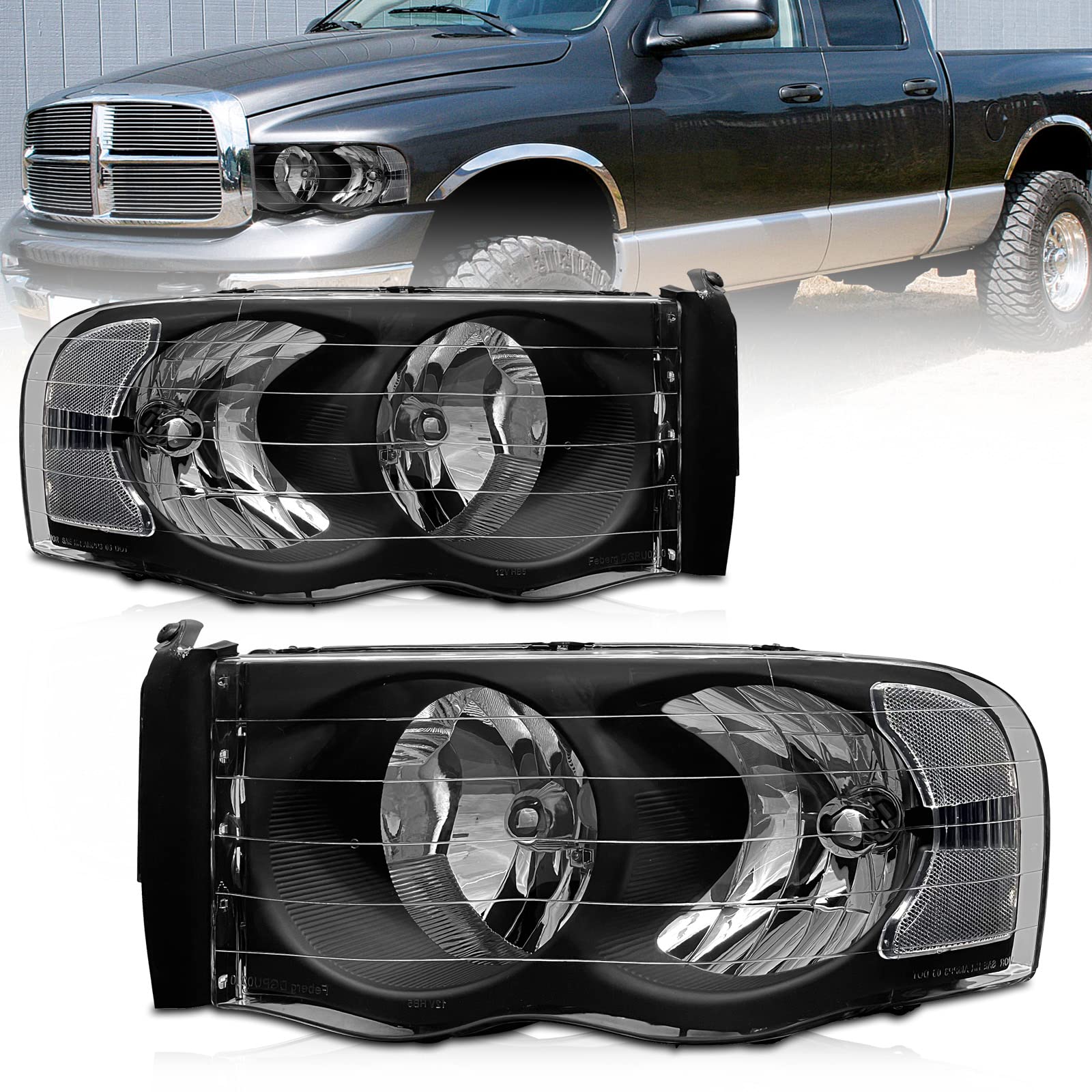 AS Replacement Headlight Assembly for 2002-2005 Dodge Ram 1500 & 2003-2005 Ram 2500/3500 - Black Housing, Clear Lens & Reflector - Driver & Passenger Side - Perfect for Night Driving & Off-Road Adventures