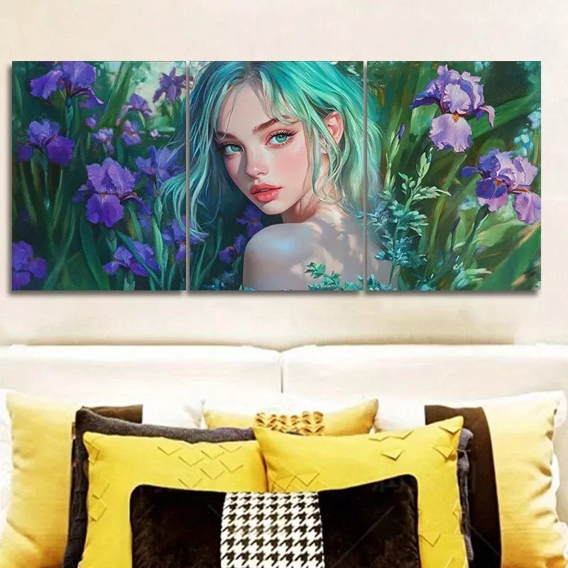 3-Piece Purple Flowers Lady with Green Eyes Wall Art Set - Framed Canvas 40x60cm | High Quality Print | 100% Australian Made | Ready to Hang | Perfect for Living Room, Bedroom & Office Decor