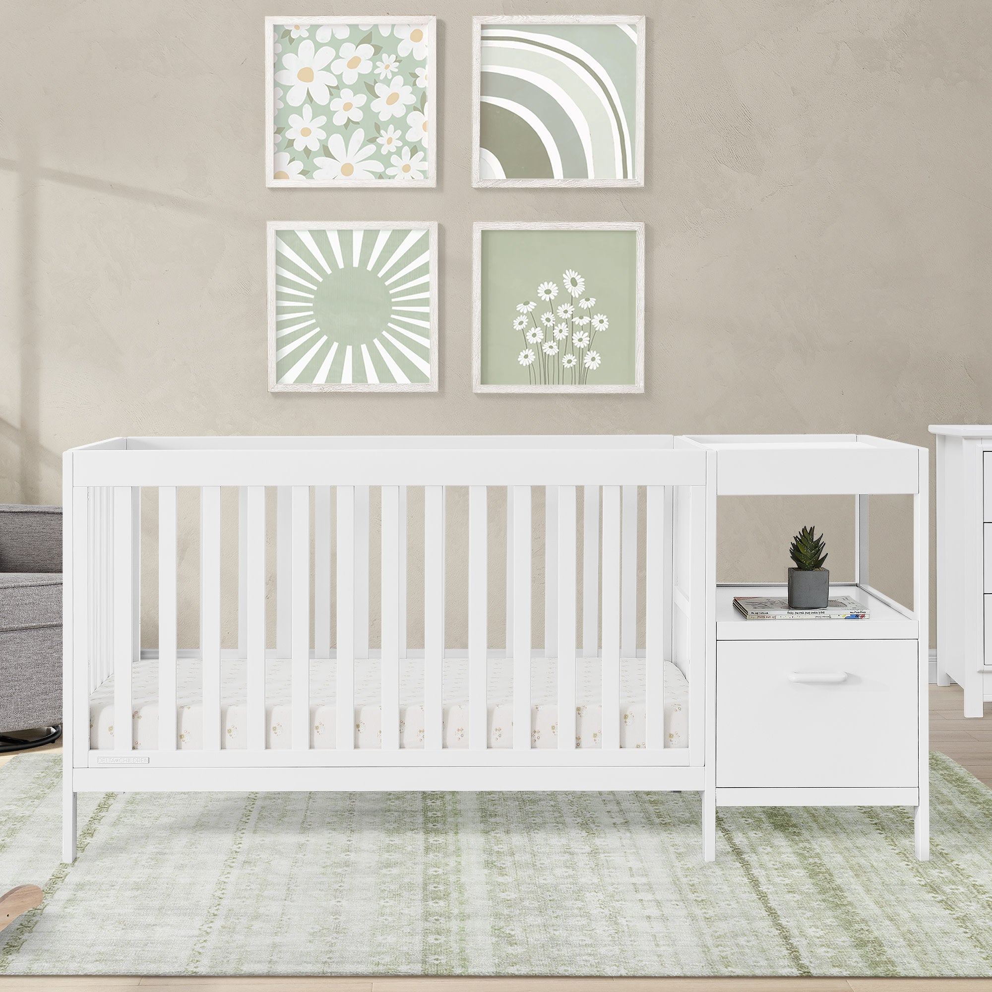 Alice 5-in-1 Convertible Baby Crib with Changing Table - Nursery Furniture for Newborn to Toddler - Perfect for Small Spaces & Modern Nurseries