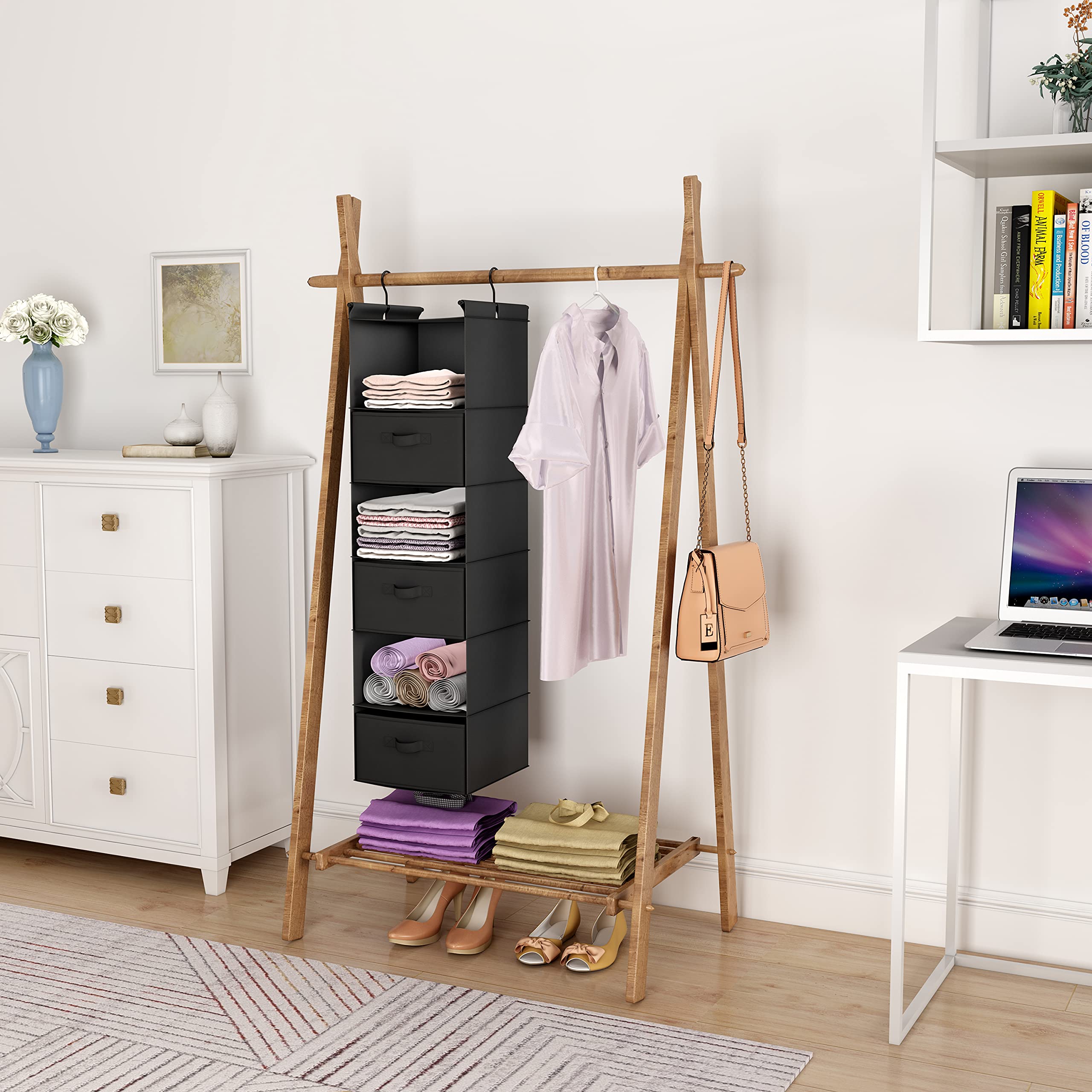MAX Houser 6-Tier Hanging Closet Organizer with 2 Sturdy Hooks - Foldable Storage Shelf for Bedroom, Bathroom & Closet (Black-D3) - Perfect for Organizing Clothes, Shoes & Accessories