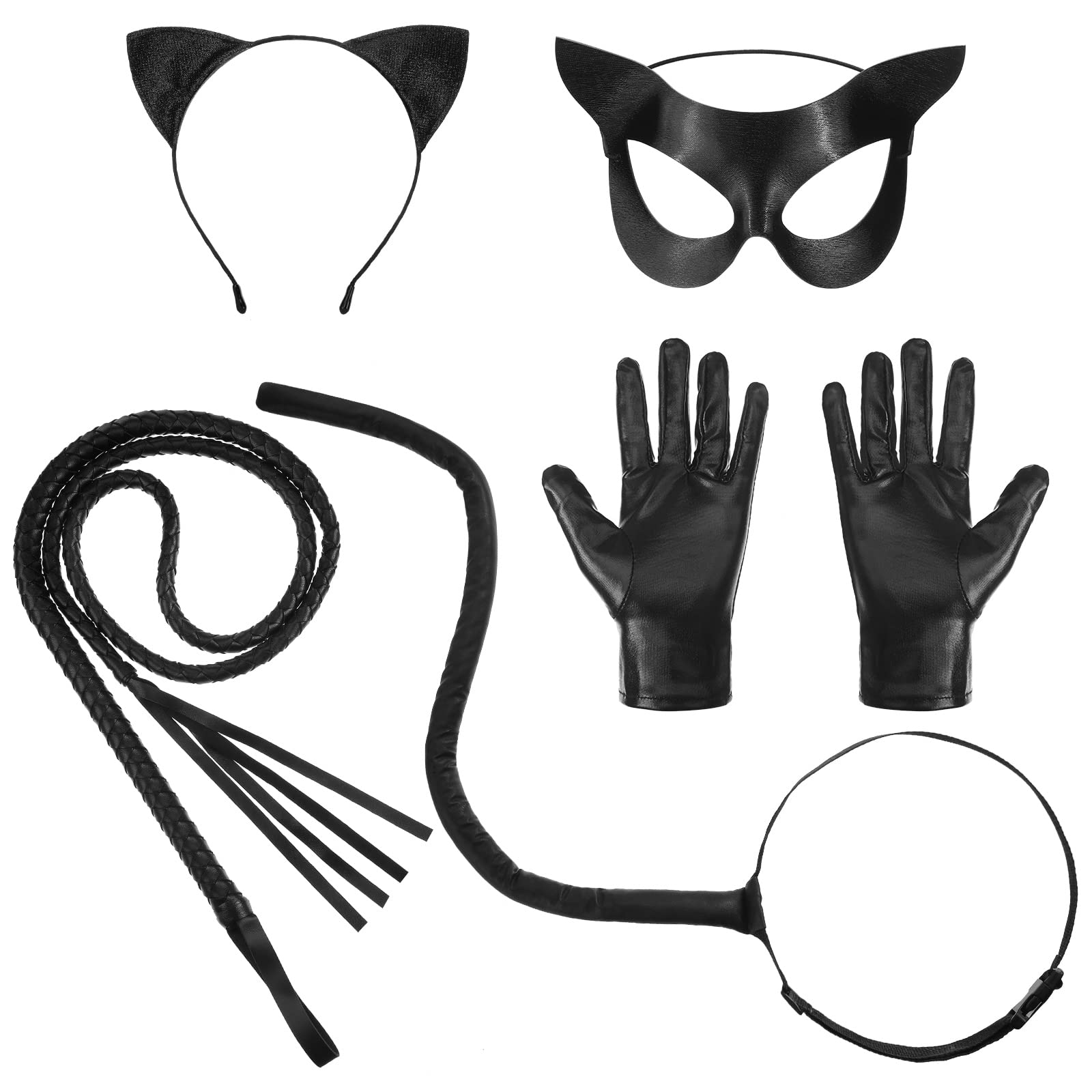 5-Piece Halloween Cat Costume Set - Black Whip, Cat Ear Mask, Gloves, Headband & Tail for Kids & Adults | Perfect for Halloween Parties, Cosplay & Dress-Up Fun