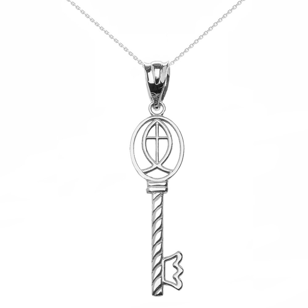 14K White Gold Ichthus Cross Key Pendant Necklace - Christian Jewelry for Women, Faith-Based Gift for Baptism, Confirmation & Everyday Wear