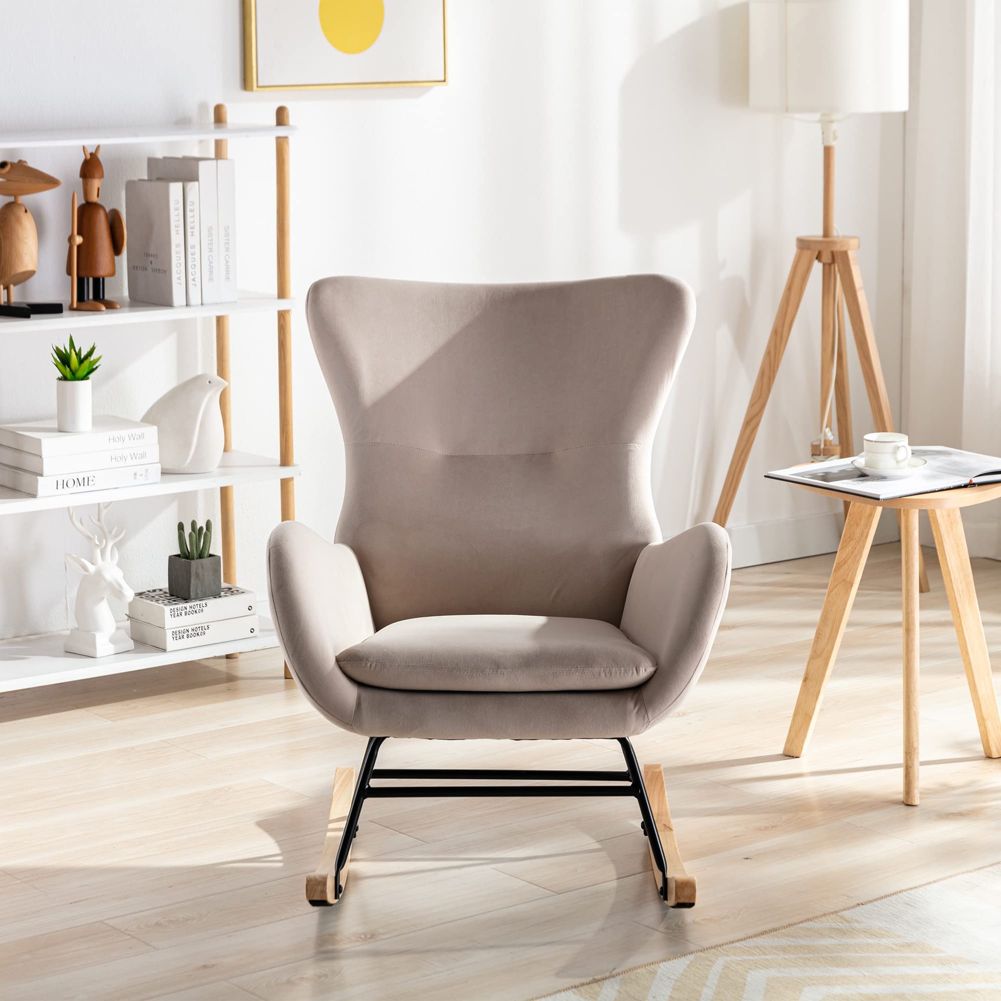 Velvet Fabric Rocking Chair with High Backrest & Armrests - Comfortable Padded Seat Nursery Rocker for Living Room, Bedroom, Balcony - Perfect for Adults & Kids (Relaxing, Reading, Nursing)