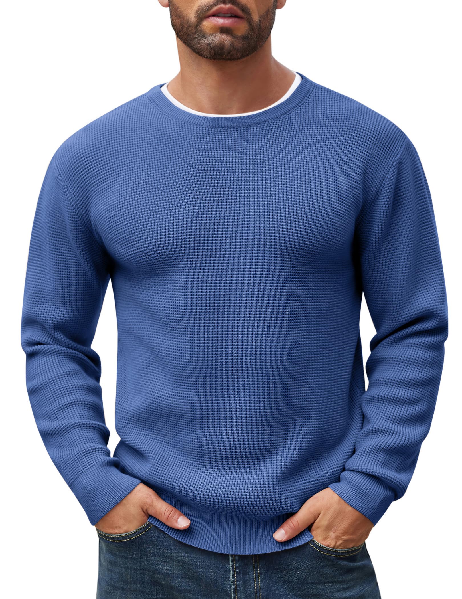 COOFANDY Men's Waffle Knit Crewneck Sweater - Soft Midweight Pullover for Men, Casual Winter Warm Textured Sweater | Perfect for Office, Date Night & Fall Layering