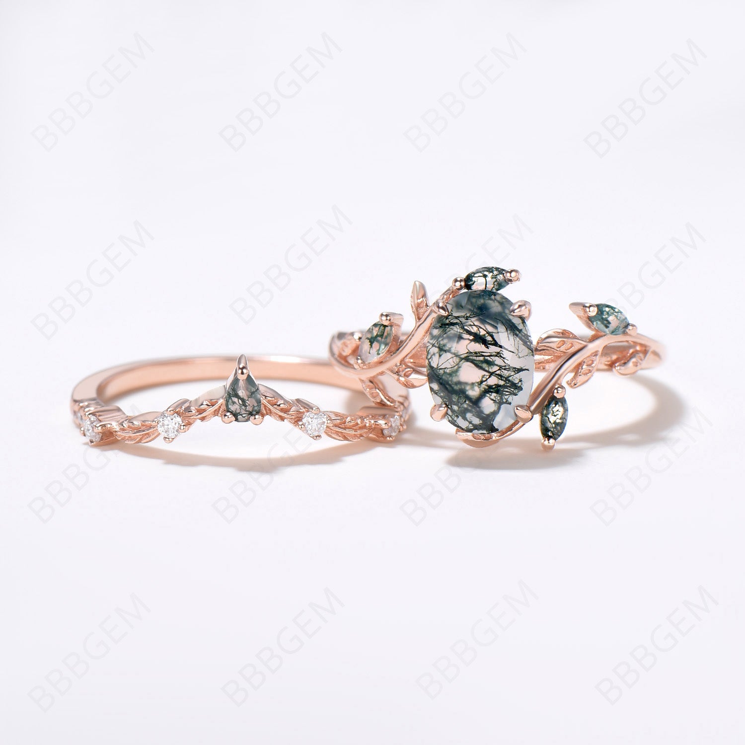 Vintage Oval Cut Green Moss Agate Engagement Ring - Rose Gold Art Deco Cluster Leaf Design, Nature Inspired Bridal Wedding Ring Set for Women | Perfect for Proposals, Anniversaries & Boho Chic Style