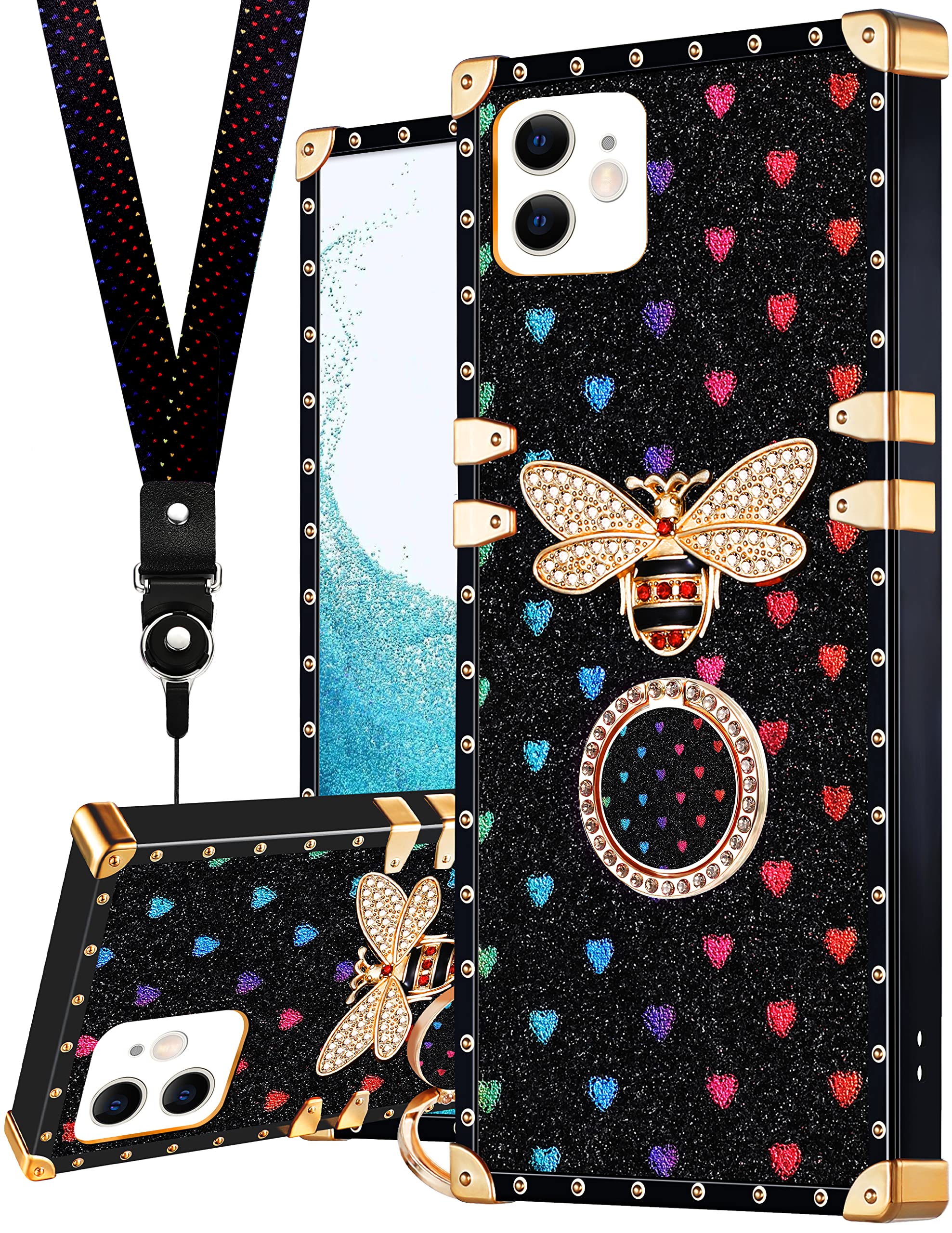 Loheckle iPhone 11 Case for Women - Luxury Designer Square Phone Cover with Ring Stand Holder & Lanyard, Cute Bee Pattern Protective Case for iPhone 11 (6.1 Inch) - Perfect for Work, Travel and Everyday Use