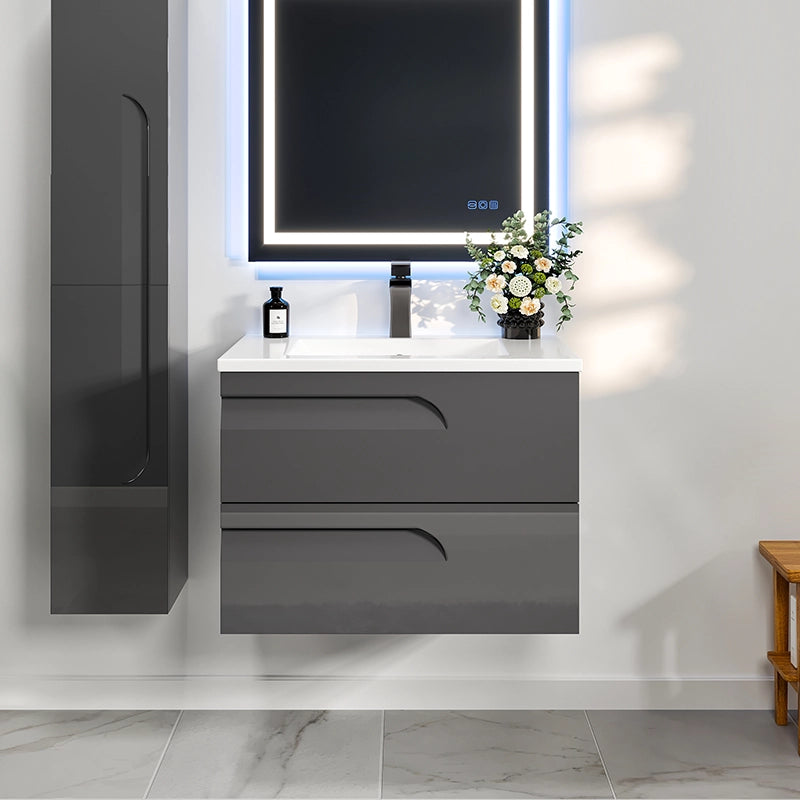 32 Inch Gray Wall Mount Bathroom Vanity with Porcelain Top & Integrated Sink - Modern Single Sink Cabinet for Small Bathrooms, Powder Rooms & Apartments