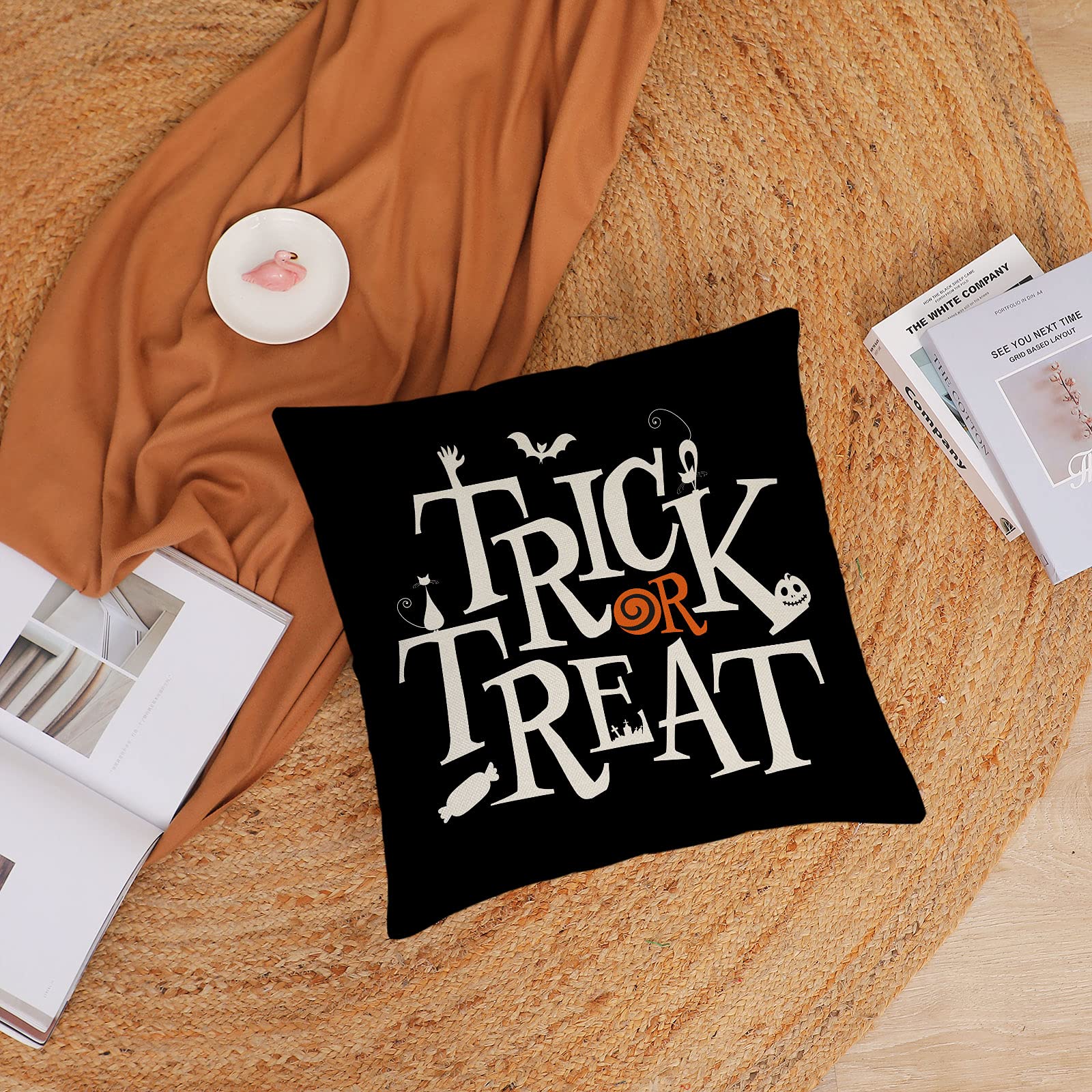 Halloween Pillow Covers 12x12 Set of 4 - Spooky Trick or Treat Throw Pillow Covers with Black Spider Web Design for Sofa, Couch, Bed - Perfect for Indoor & Outdoor Halloween Decorations (12 by 12 Inches)