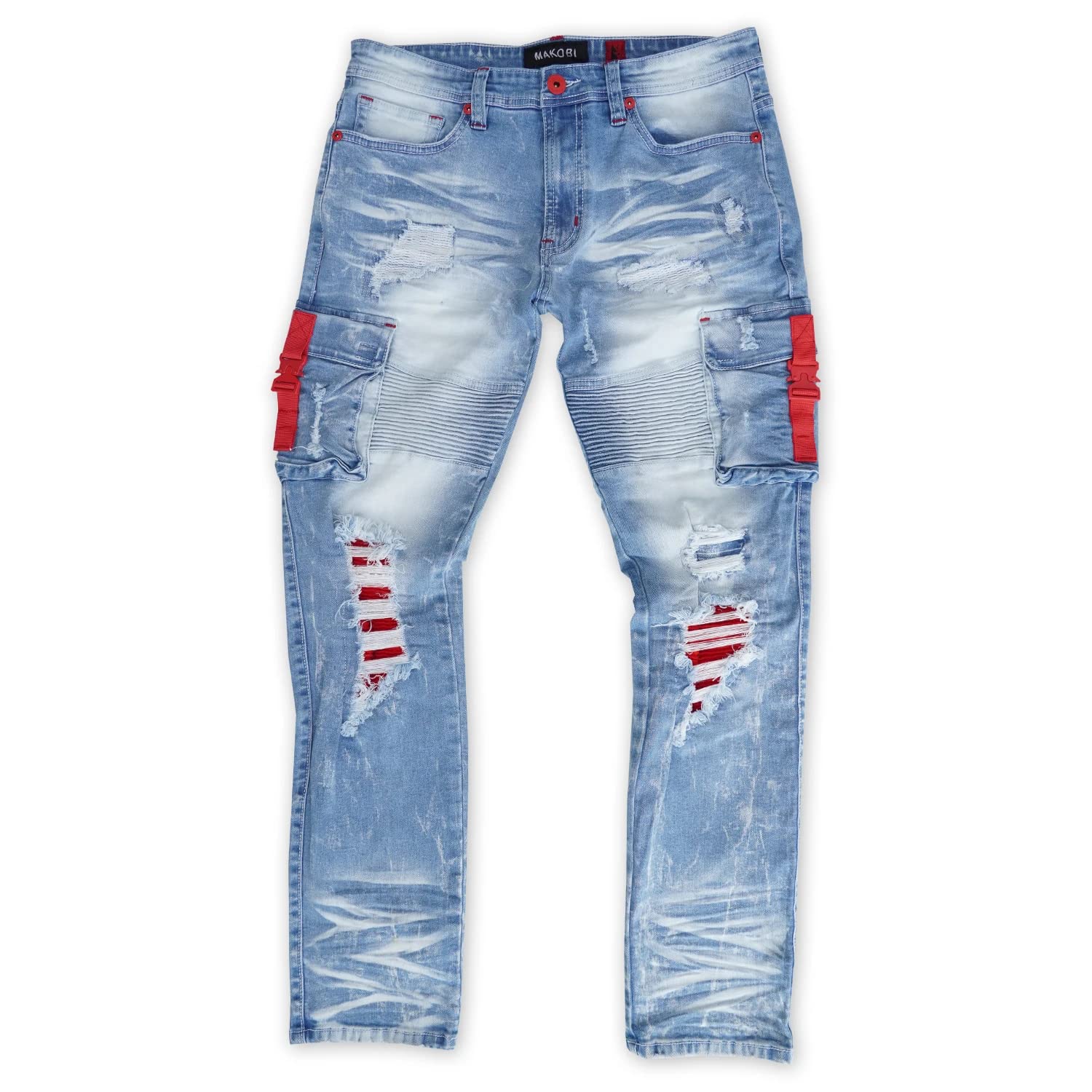 Makobi Light Wash Railay Biker Jeans with Side Pockets - Stylish Women's Motorcycle Riding & Casual Streetwear Pants