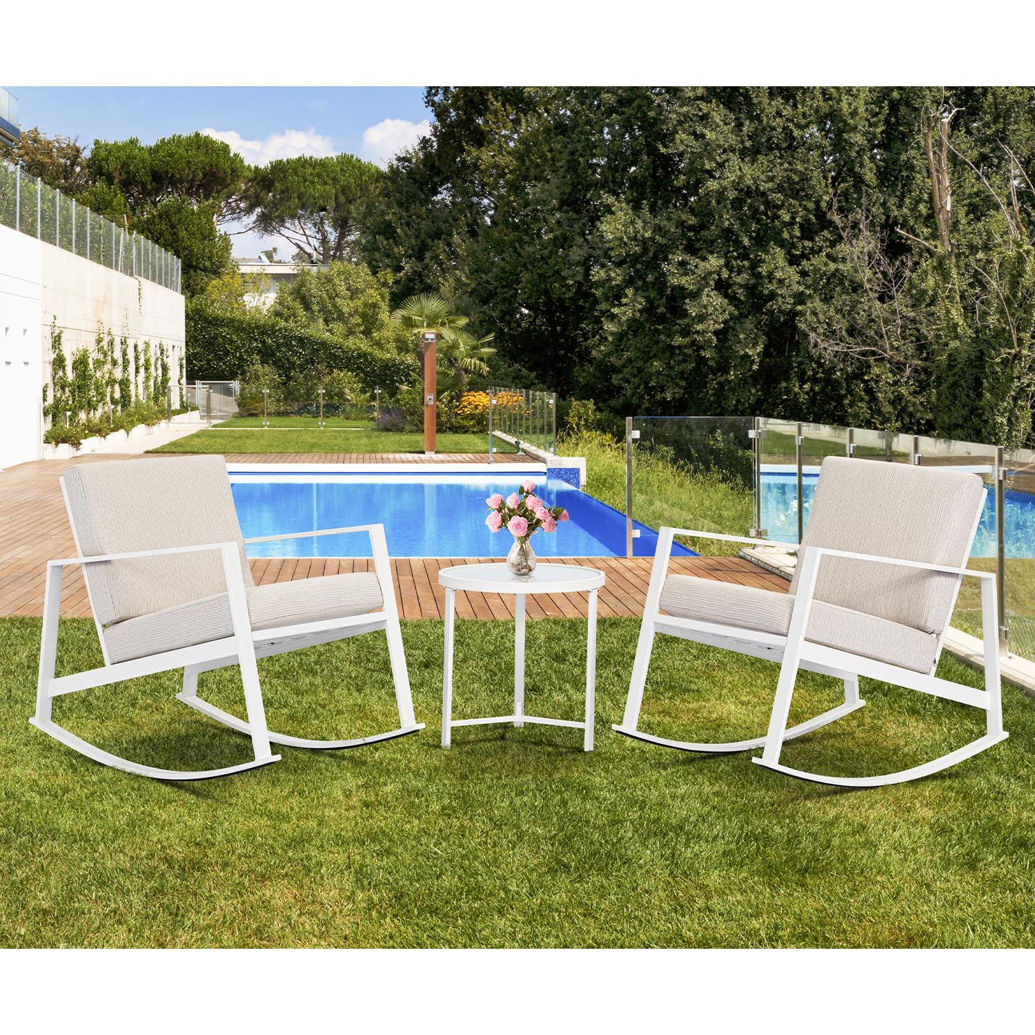 AQUILLA 3-Piece Outdoor Patio Rocking Chair Set with Metal Frame & Tempered Glass Table - Beige Gray Cushioned Bistro Furniture for Balcony, Garden, Lounge - Durable Weather-Resistant Outdoor Seating for Relaxing & Entertaining