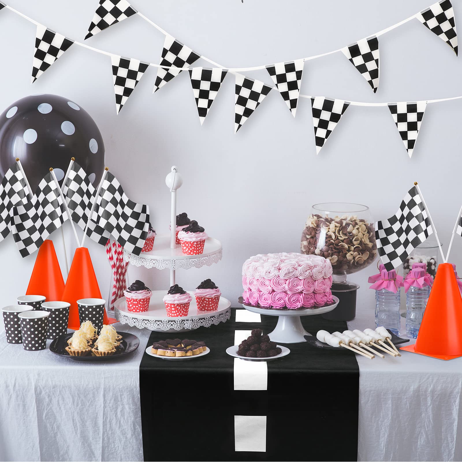 Skylety 12-Piece Traffic Cones & Racing Flags Set - Includes 12 Plastic Safety Cones, 12 Checkered Race Flags with Poles, 31ft Checkered Pennant Banner & 9.8x2ft Race Track Floor Mat - Perfect for Kids' Racing Games, Sports Events & Outdoor Activities
