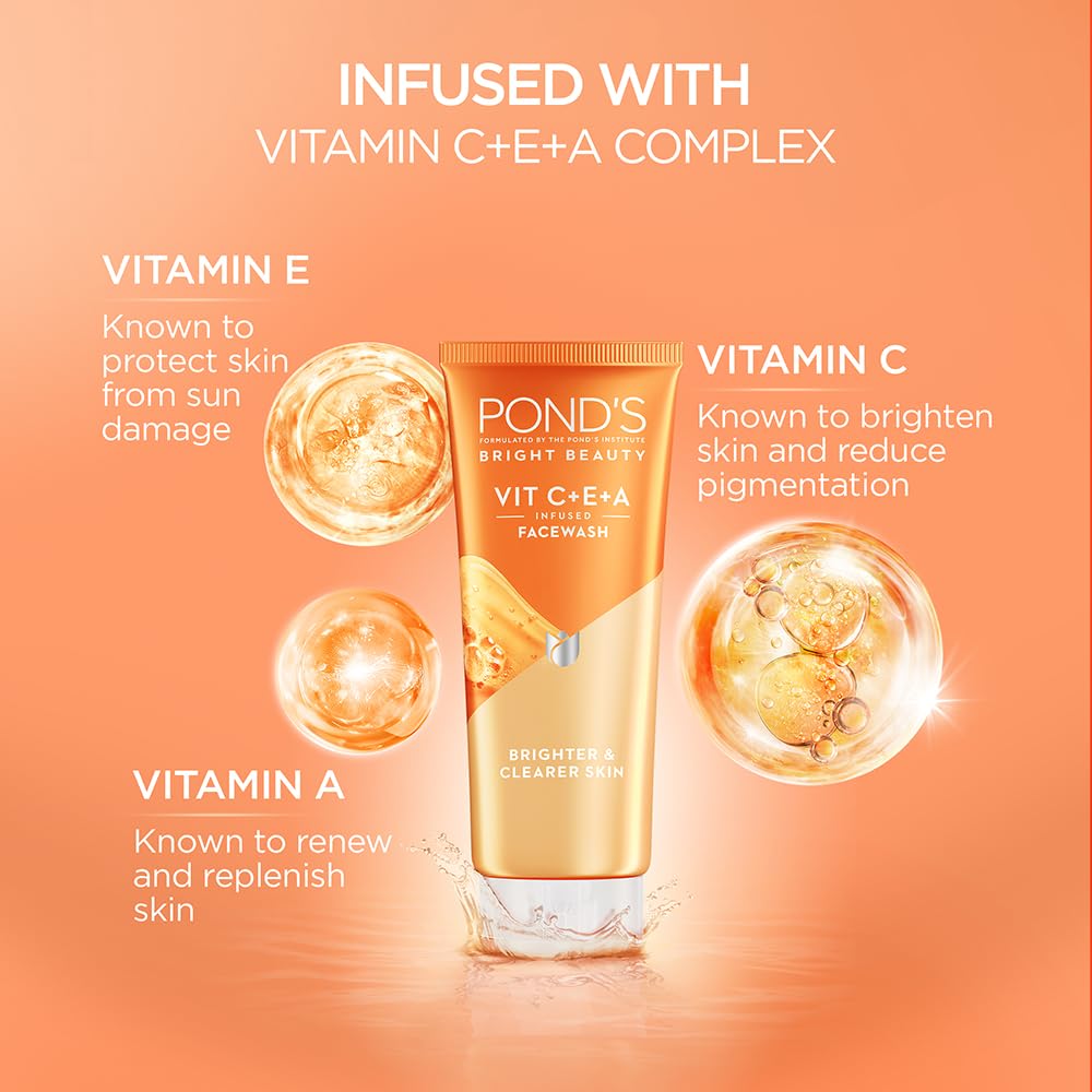 POND'S Bright Beauty Vitamin C+E+A Gel Face Wash 50ml - Brightening & Anti-Aging Facial Cleanser for Glowing Skin - Perfect for Morning & Night Skincare Routine